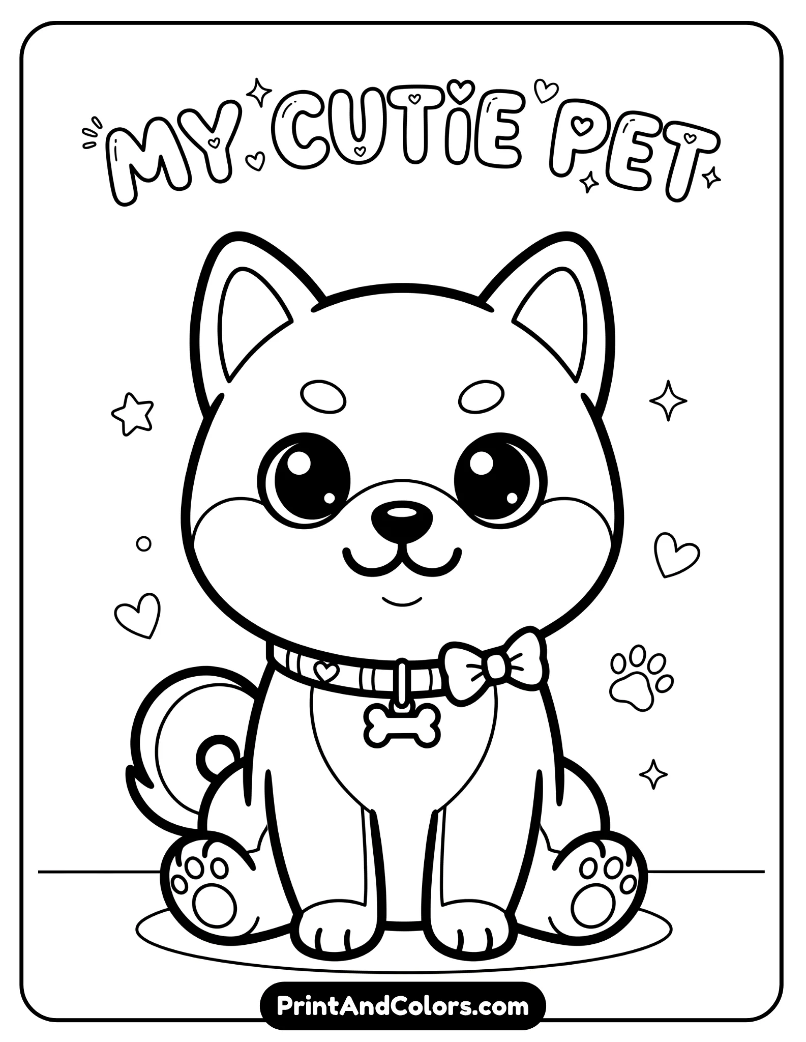 Cute Roblox pet (dog or cat style) with big eyes and rounded features, sitting pose, small accessories like bow or collar, minimal background, bold lines, kawaii style coloring page