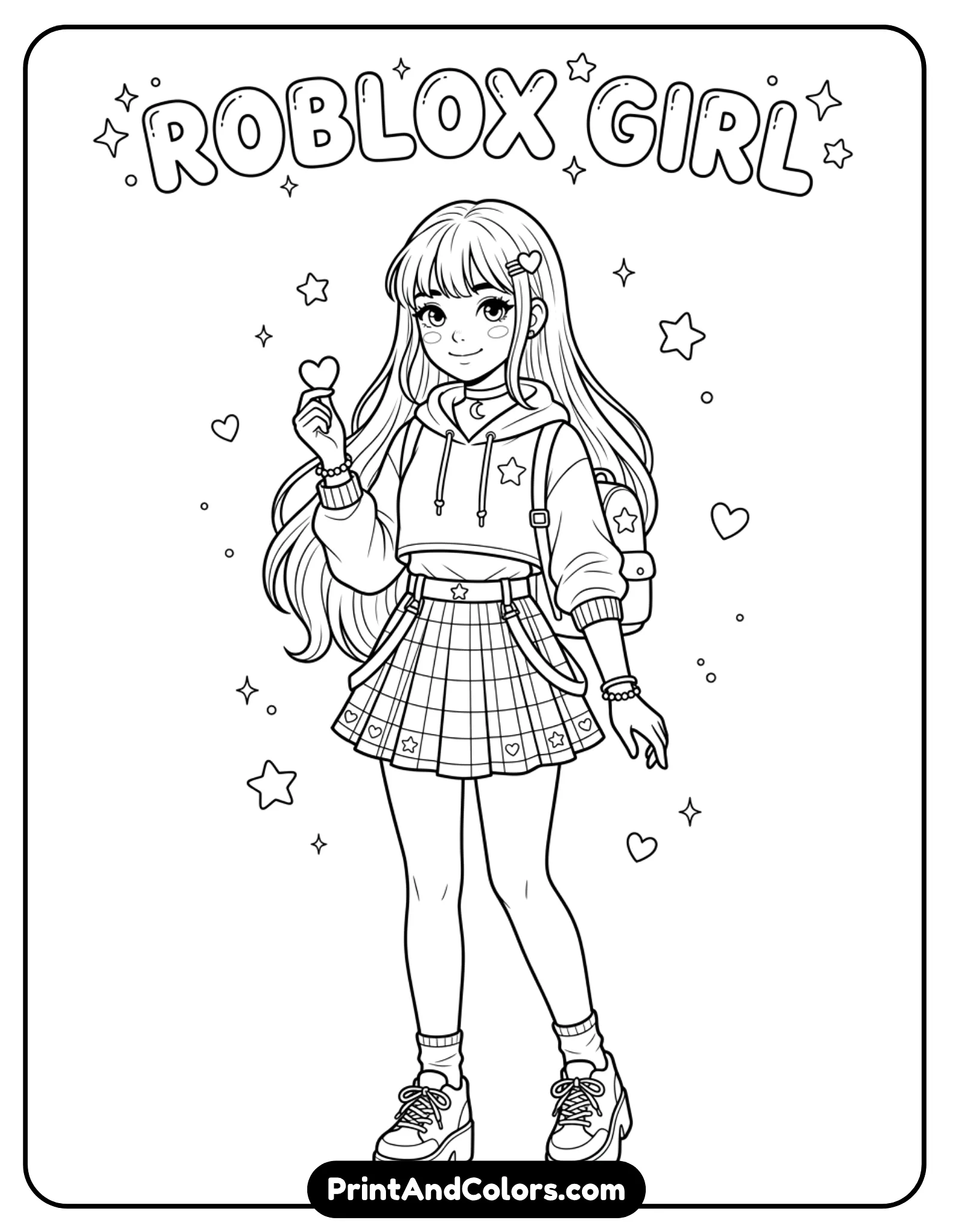 Stylish Roblox girl with trendy outfit, long hair, soft pose, minimal decorative elements like stars or hearts, clean outlines