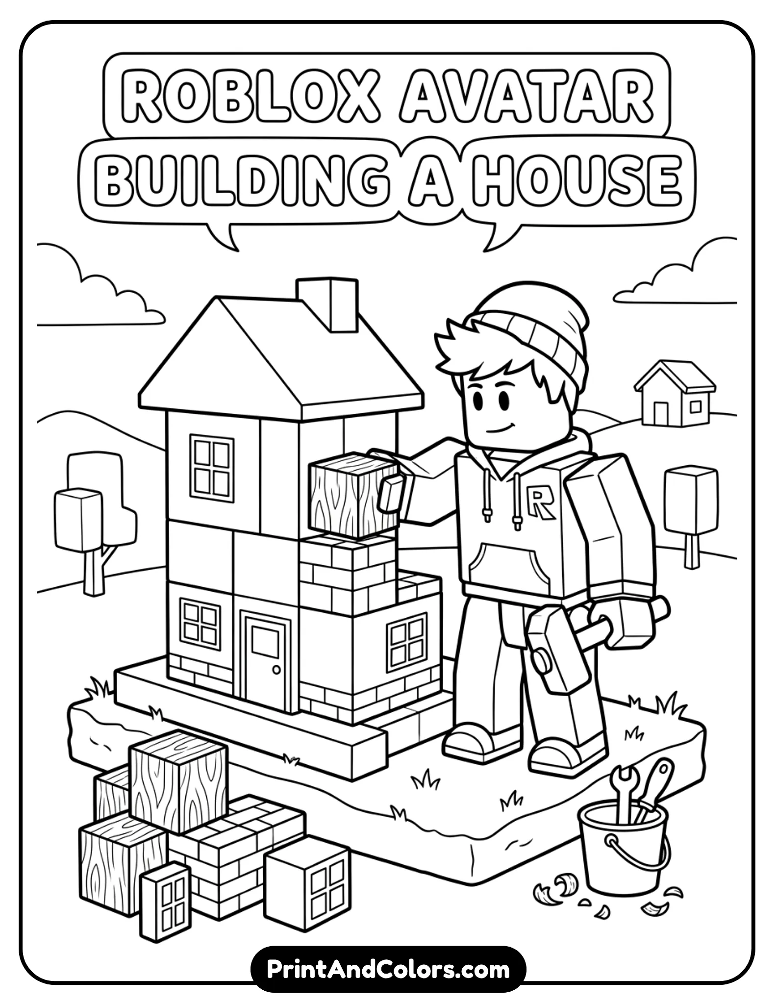 Roblox avatar stacking blocks to build a small house, simple structure, hammer or tool in hand, clean lines, easy shapes
