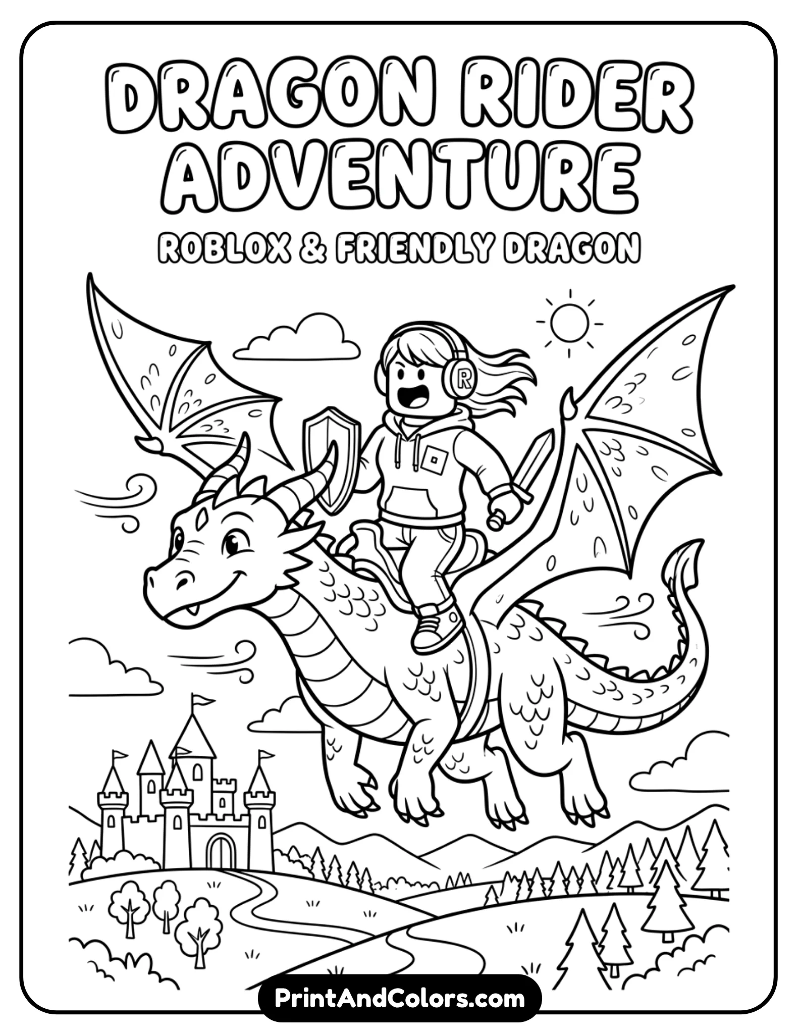 Roblox avatar riding a dragon, dragon with wings spread, simple scales and friendly expression, action pose, clean line art