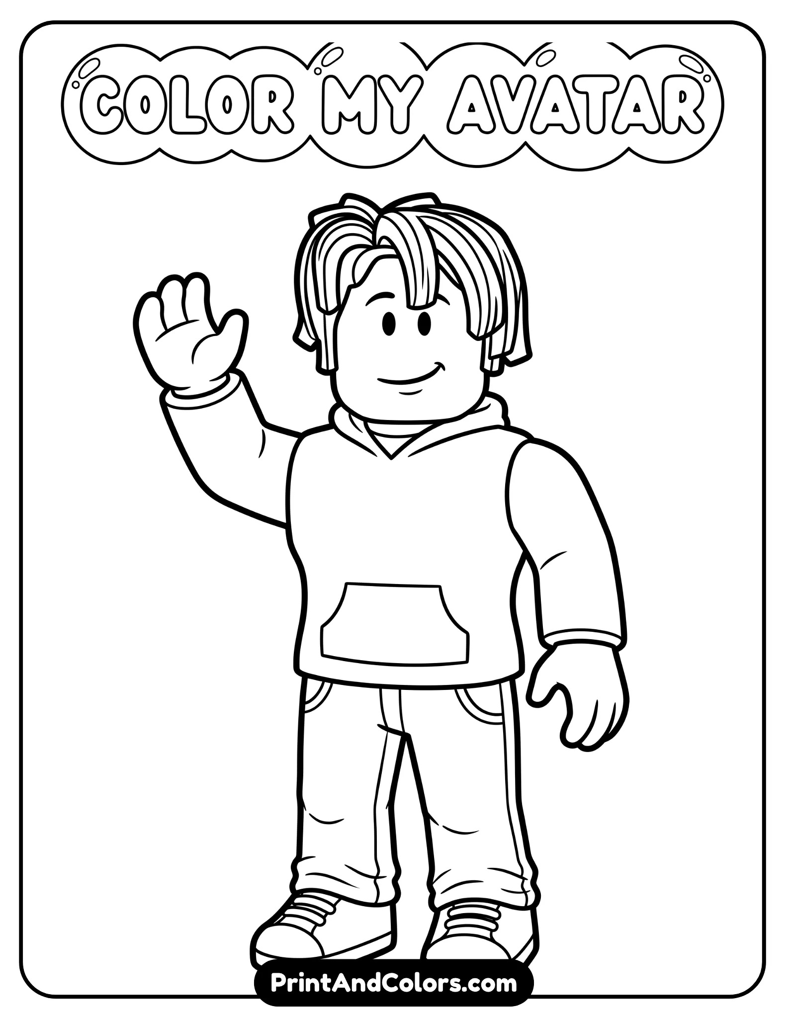 Roblox avatar with iconic bacon hair hairstyle, wavy layered hair texture in outline, casual outfit, relaxed pose with one hand waving, clean cartoon style, bold black outlines, minimal background, coloring book page design, no grayscale, simple details for kids