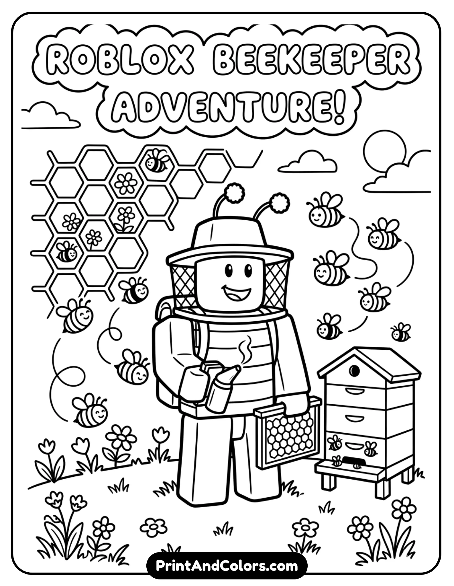 Black-and-white line art of a Roblox beekeeper character with bees flying around, honeycomb shapes, and a simple hive, bold clean outlines, no shading, kid-friendly coloring page