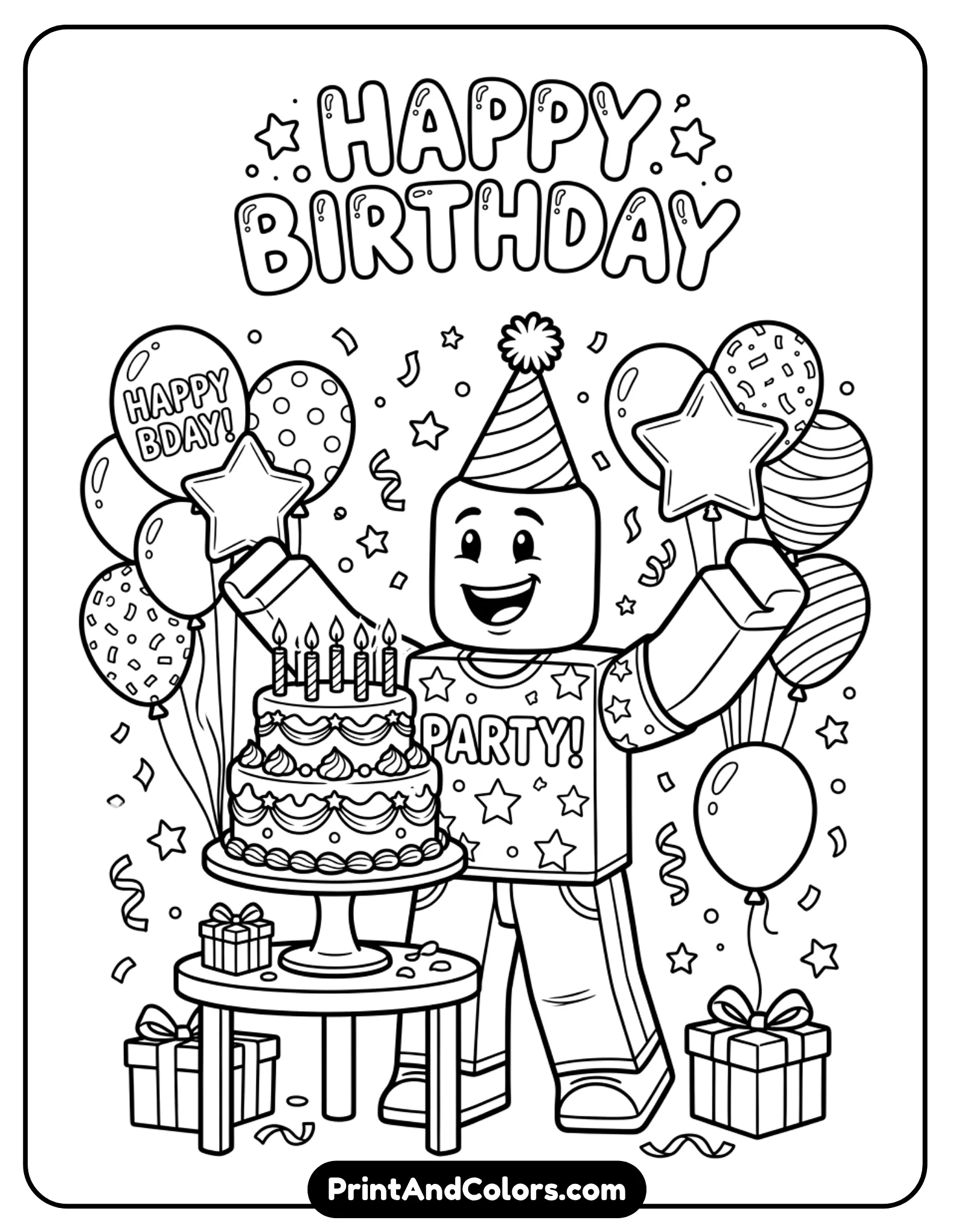 Roblox character celebrating birthday, holding cake with candles, balloons around, cheerful composition, clean line art