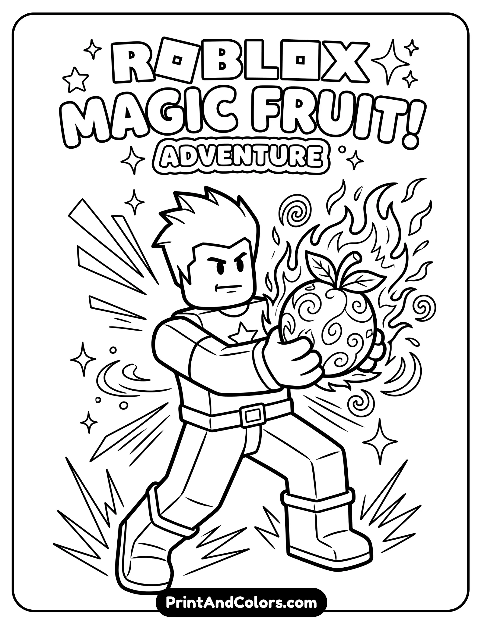 Roblox character holding a magical fruit with flame or energy effects, dynamic stance, simple action lines, bold outlines, minimal background, no shading, coloring book style