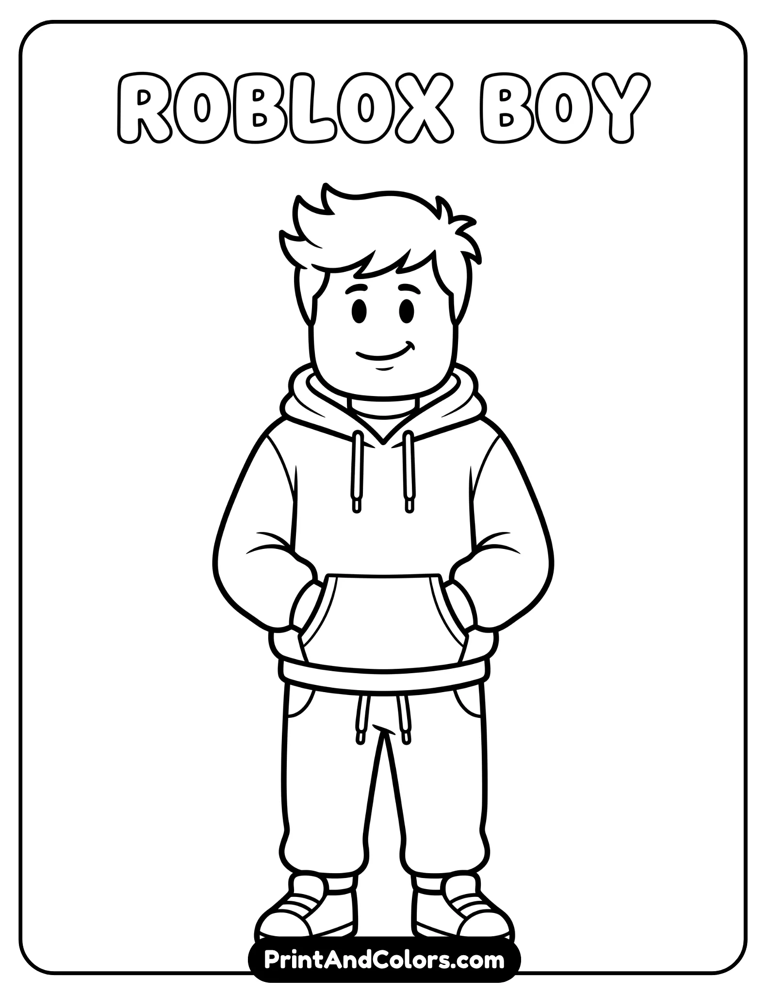 Roblox boy avatar with short hair, hoodie outfit, hands in pockets, simple cartoon expression, clean black outlines, coloring page format
