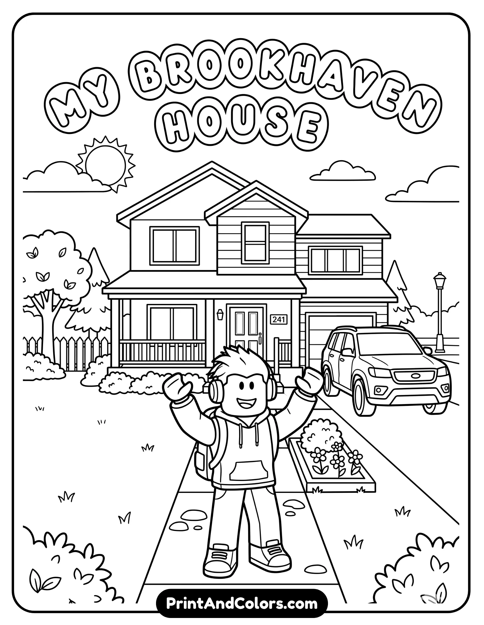 Roblox avatar standing in front of a modern Brookhaven-style house, simple suburban scene, car in driveway, clean outlines, wide spaces, cartoon line art, printable coloring page