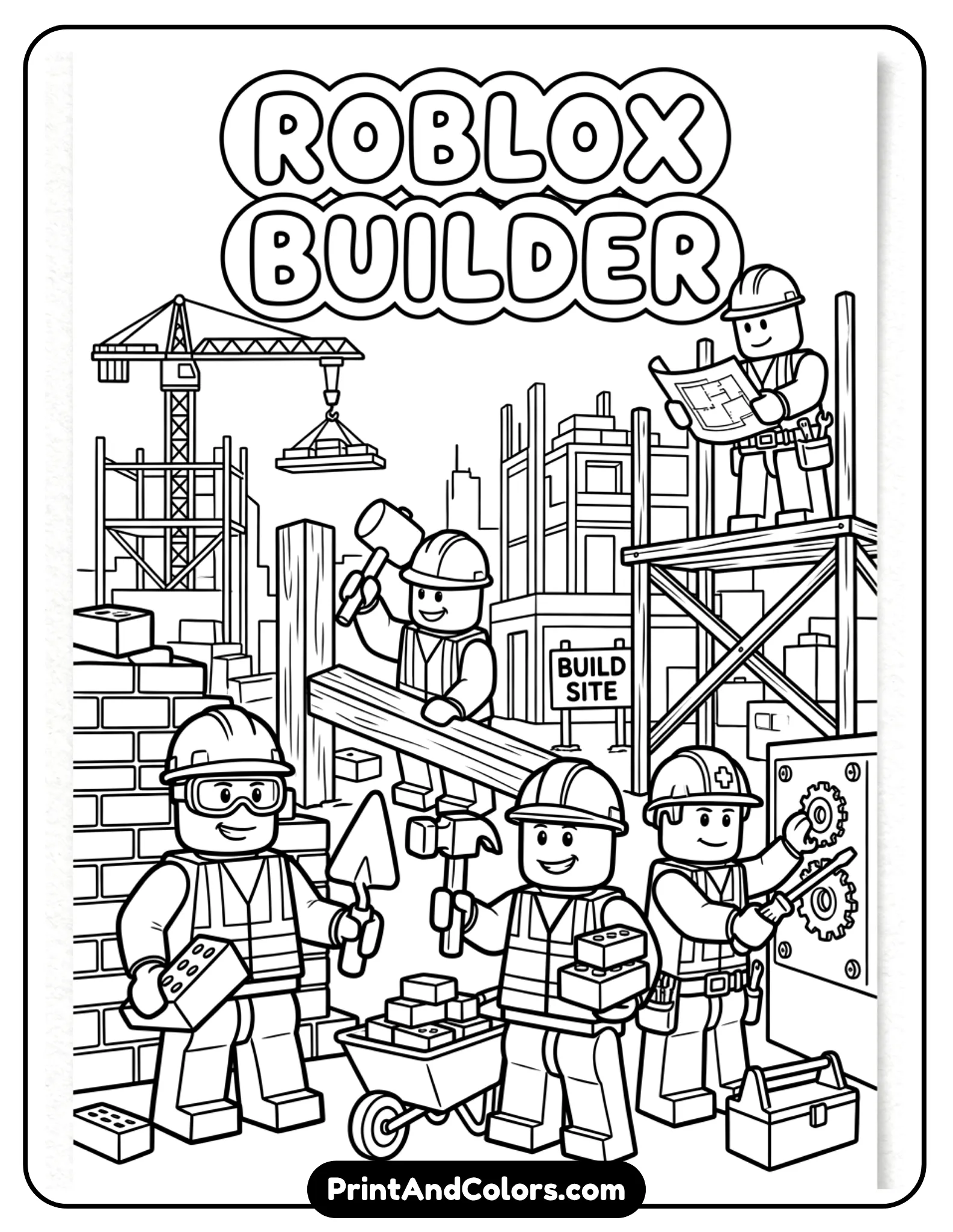 Roblox builder characters wearing helmets and vests, holding tools like hammer and bricks, construction theme, bold outlines