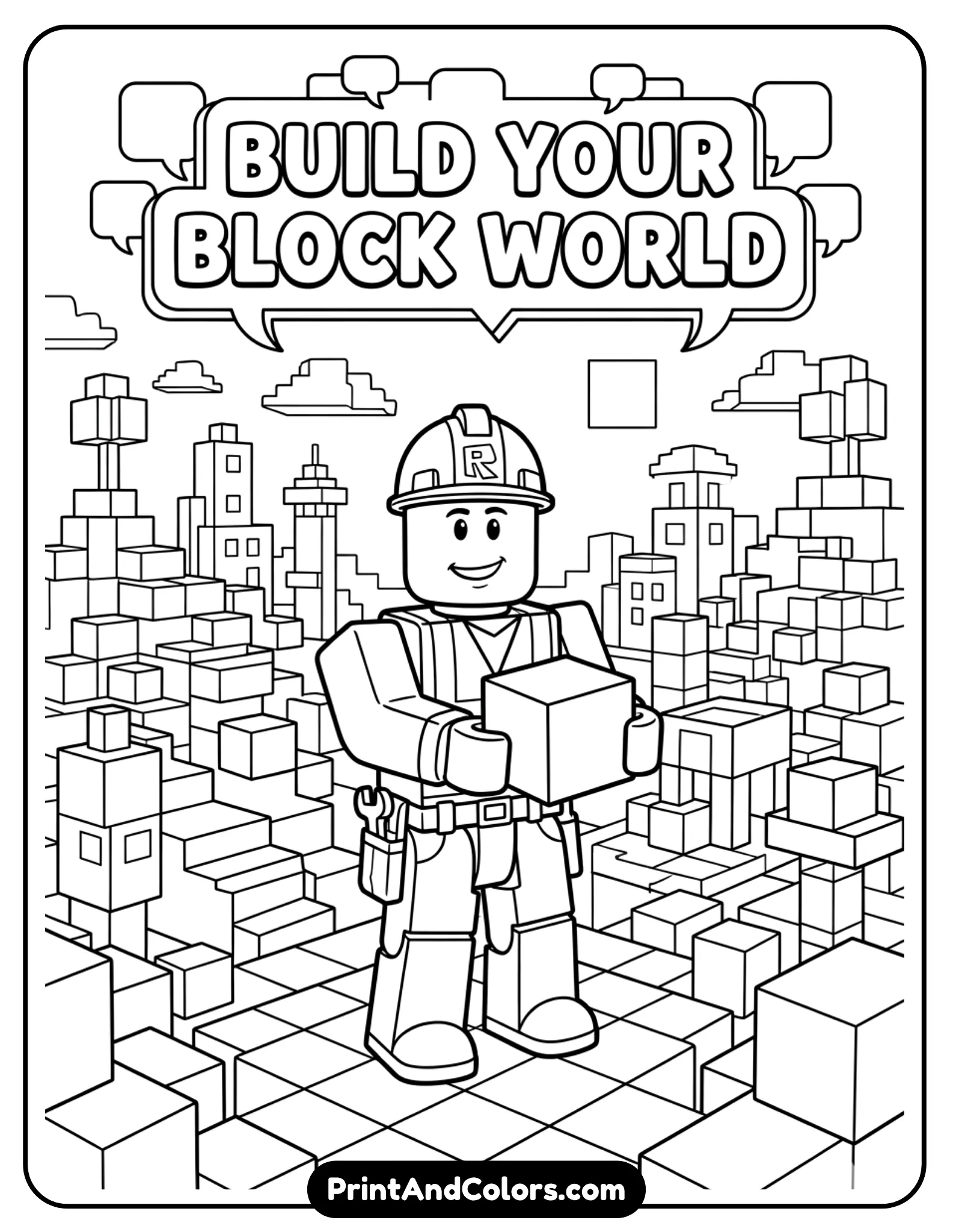 Roblox builder character standing in a world full of stacked bricks, holding a block, simple landscape made of cubes, clean line art