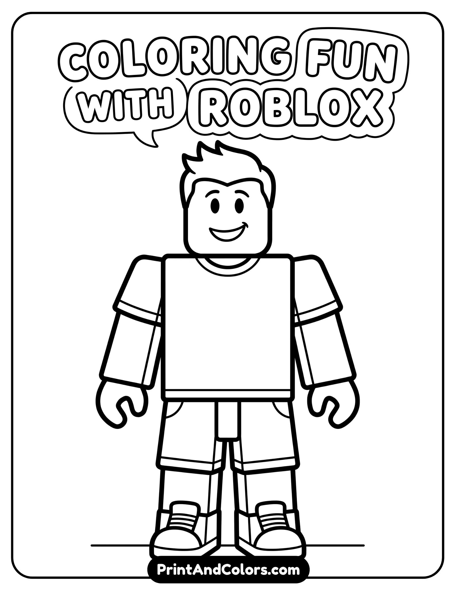 Simple blocky Roblox character standing upright, friendly smile, minimal clothing details, large open spaces, bold thick outlines, designed for young kids coloring