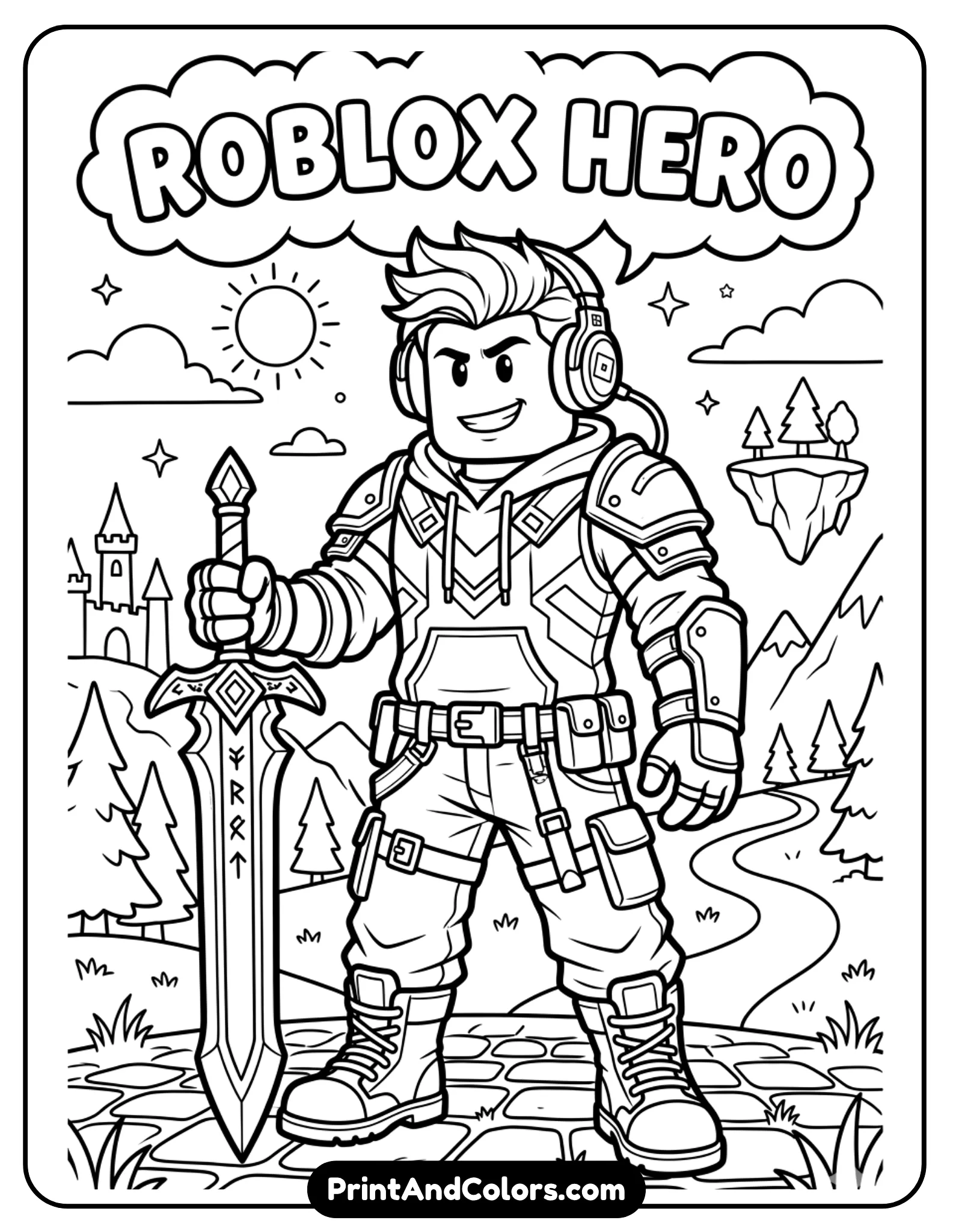 Roblox avatar wearing headphones, holding a sword, standing confidently, modern meets fantasy style, clean bold outlines