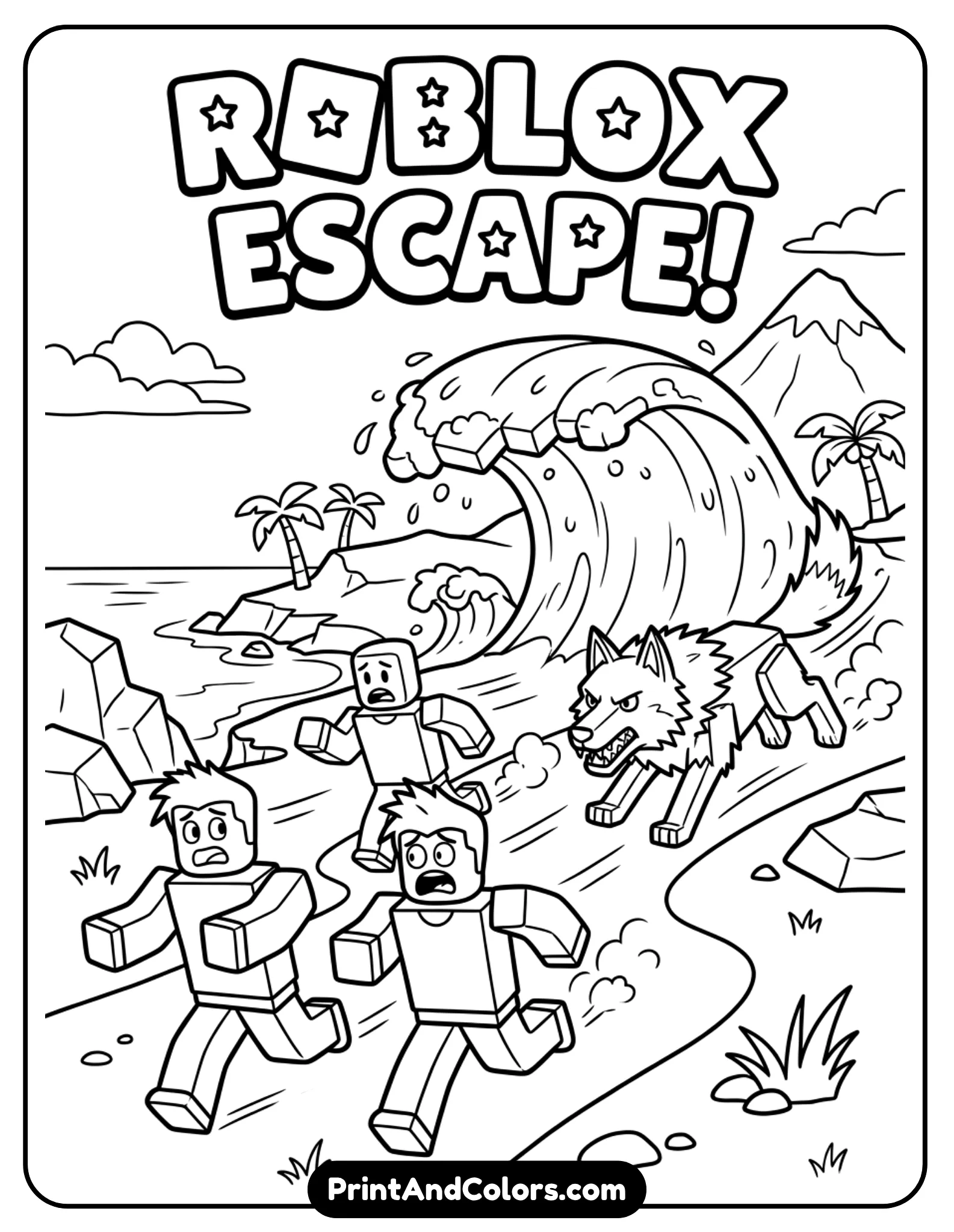 Multiple Roblox characters running away from a large wave and a wolf behind them, action scene, simple motion lines, bold outlines