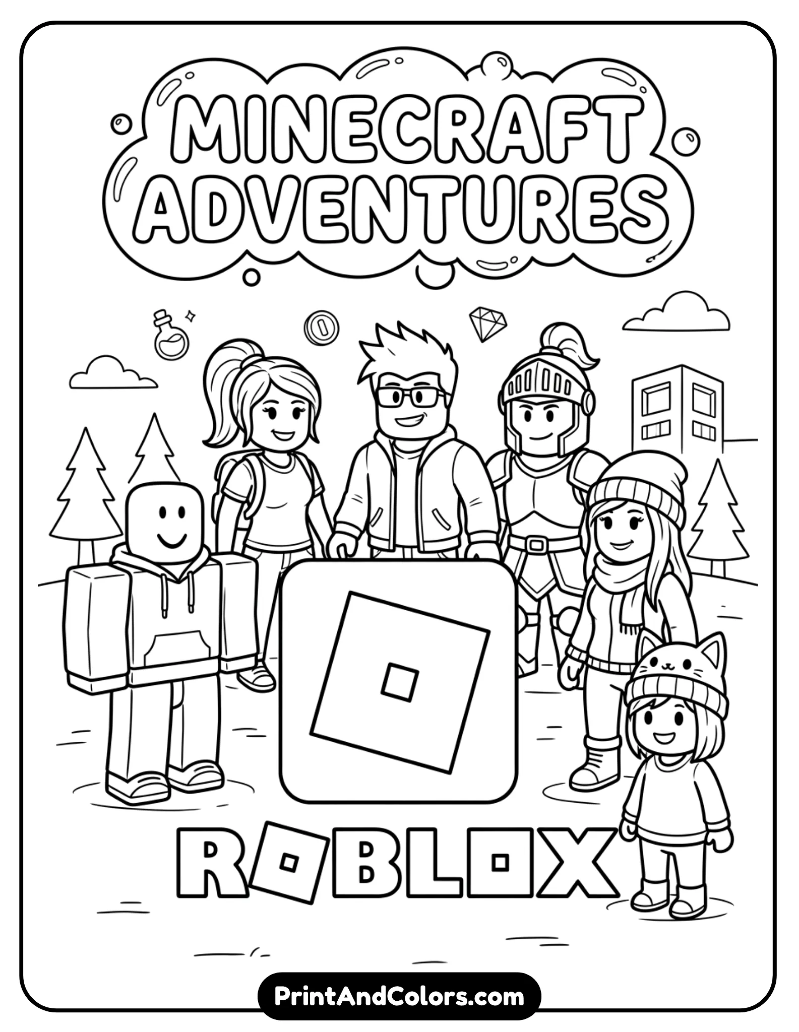 Group of Roblox characters standing around a large Roblox logo, balanced composition, clean outlines, minimal background