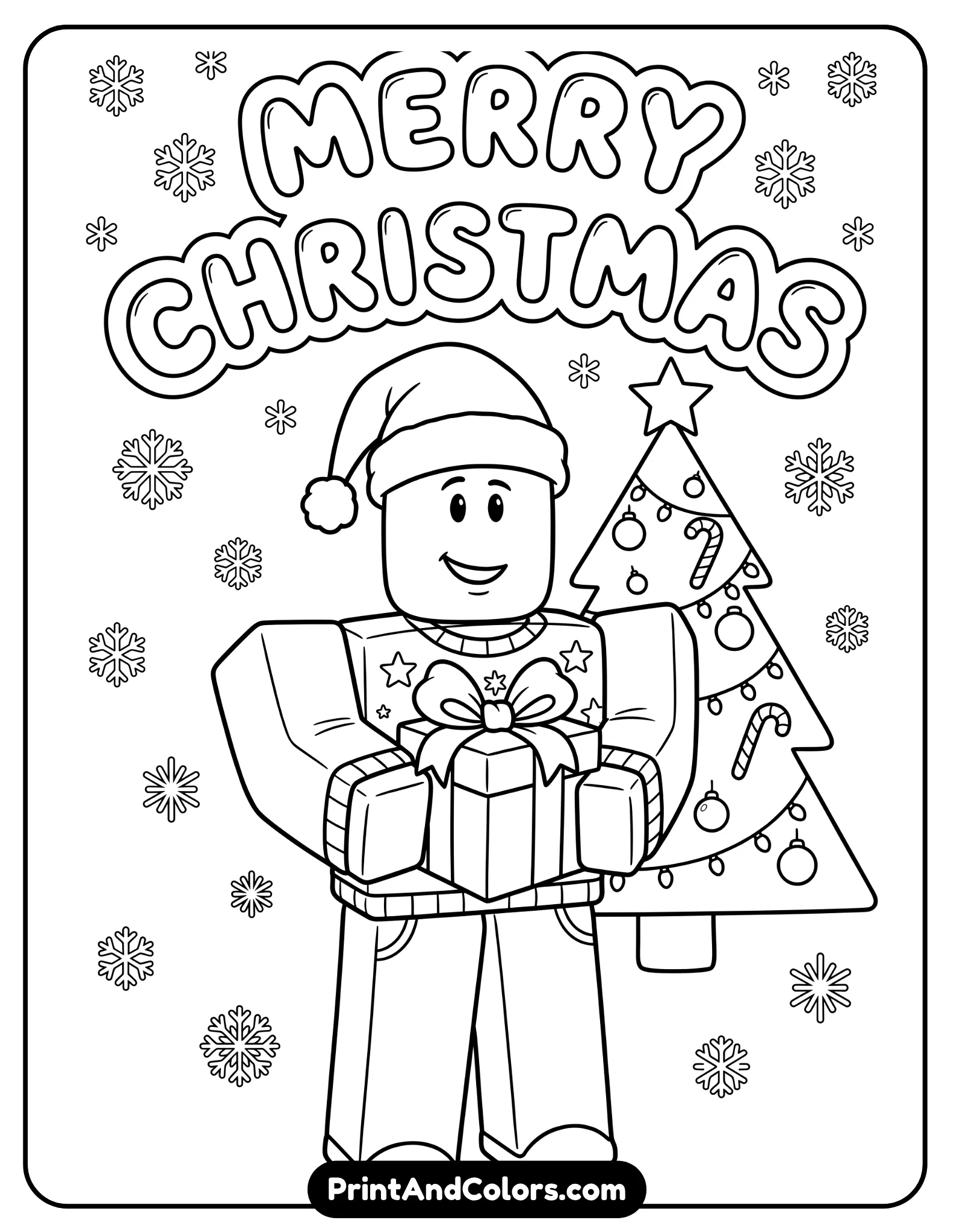 Roblox character wearing Santa hat, holding gift box, Christmas tree behind with ornaments, snowflakes falling, clean line art, festive but simple