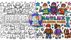 Black and white Roblox coloring pages cover with multiple characters, pets, and bold title text in a fun printable style