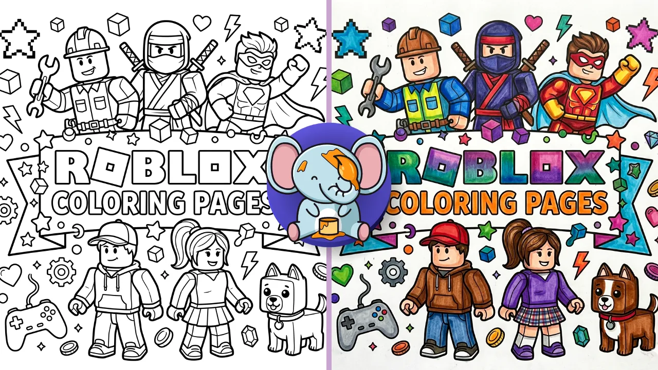 Black and white Roblox coloring pages cover with multiple characters, pets, and bold title text in a fun printable style