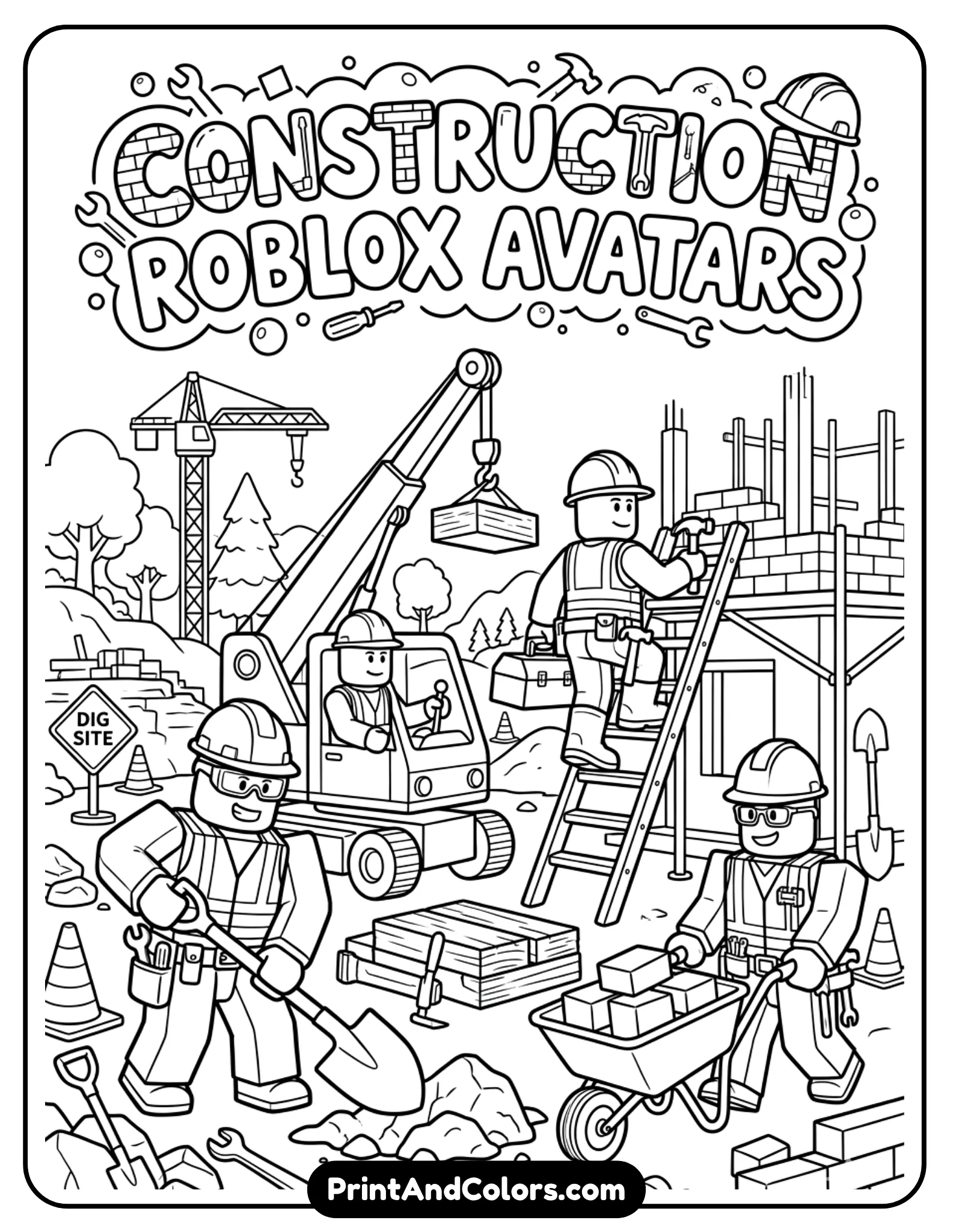 Construction-themed Roblox avatars wearing safety gear, operating simple machinery like crane or carrying tools, clean line art