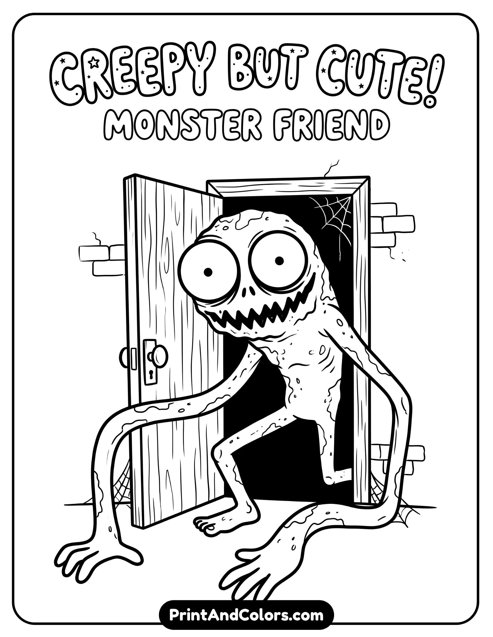 Creepy but kid-safe monster inspired by Roblox Doors, large eyes in darkness, long limbs, emerging from a doorway, thick outlines, simplified details, black and white coloring page style, minimal background with door frame