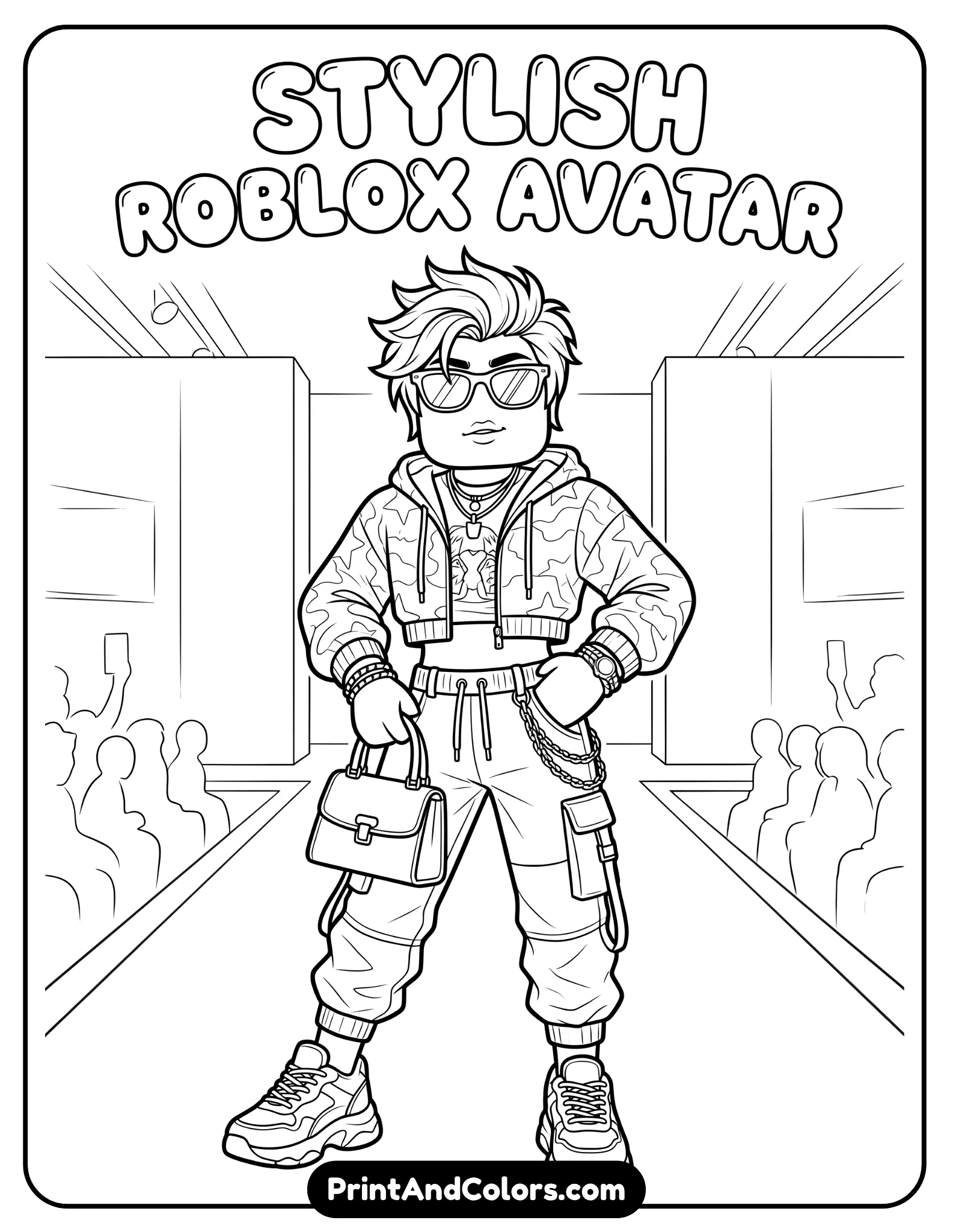 Stylish Roblox avatar posing confidently in fashionable outfit, accessories like sunglasses or handbag, runway-style stance, clean line art, no shading
