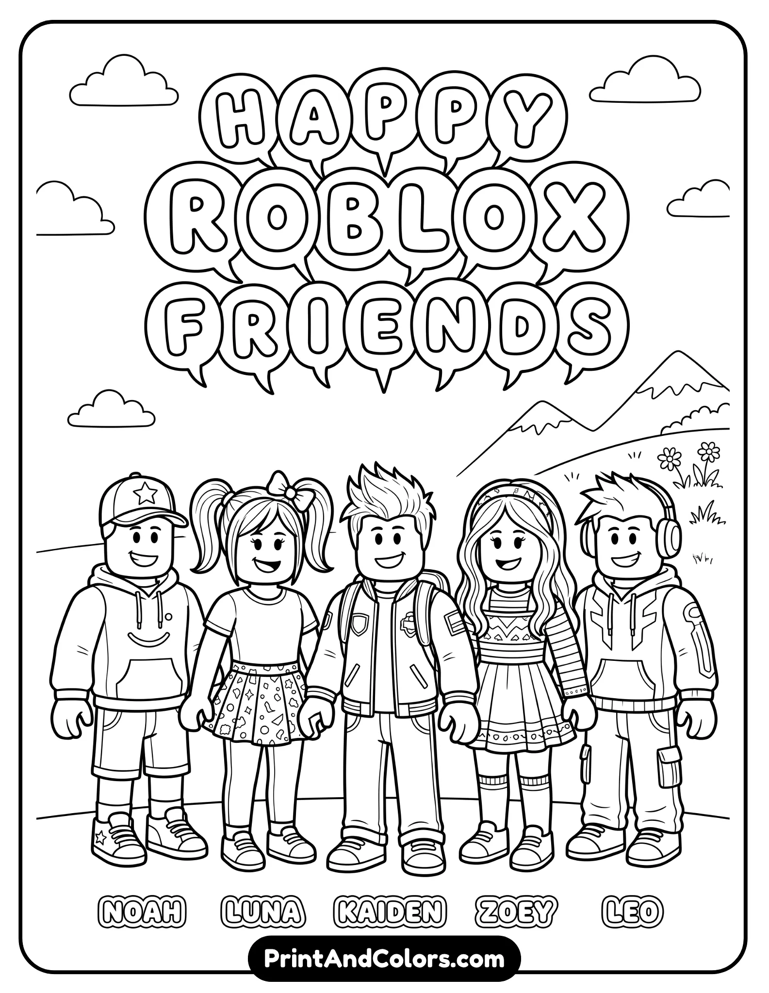 Group of 4–5 Roblox characters standing together, smiling, different outfits, friendly vibe, clean line art, evenly spaced composition