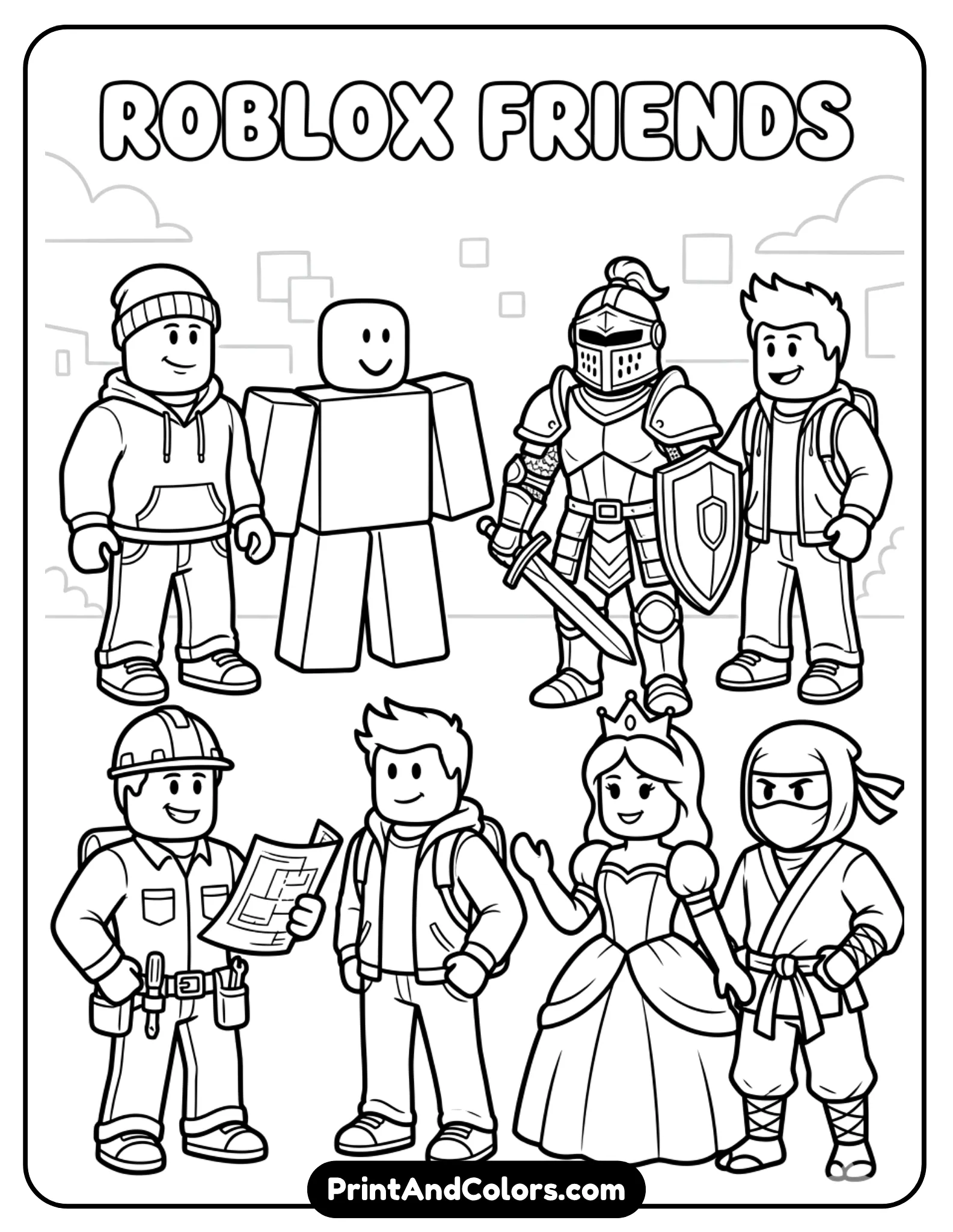 Multiple Roblox characters from different styles standing together, varied outfits like warrior, casual, and builder, friendly poses, evenly spaced composition, bold clean outlines, minimal background