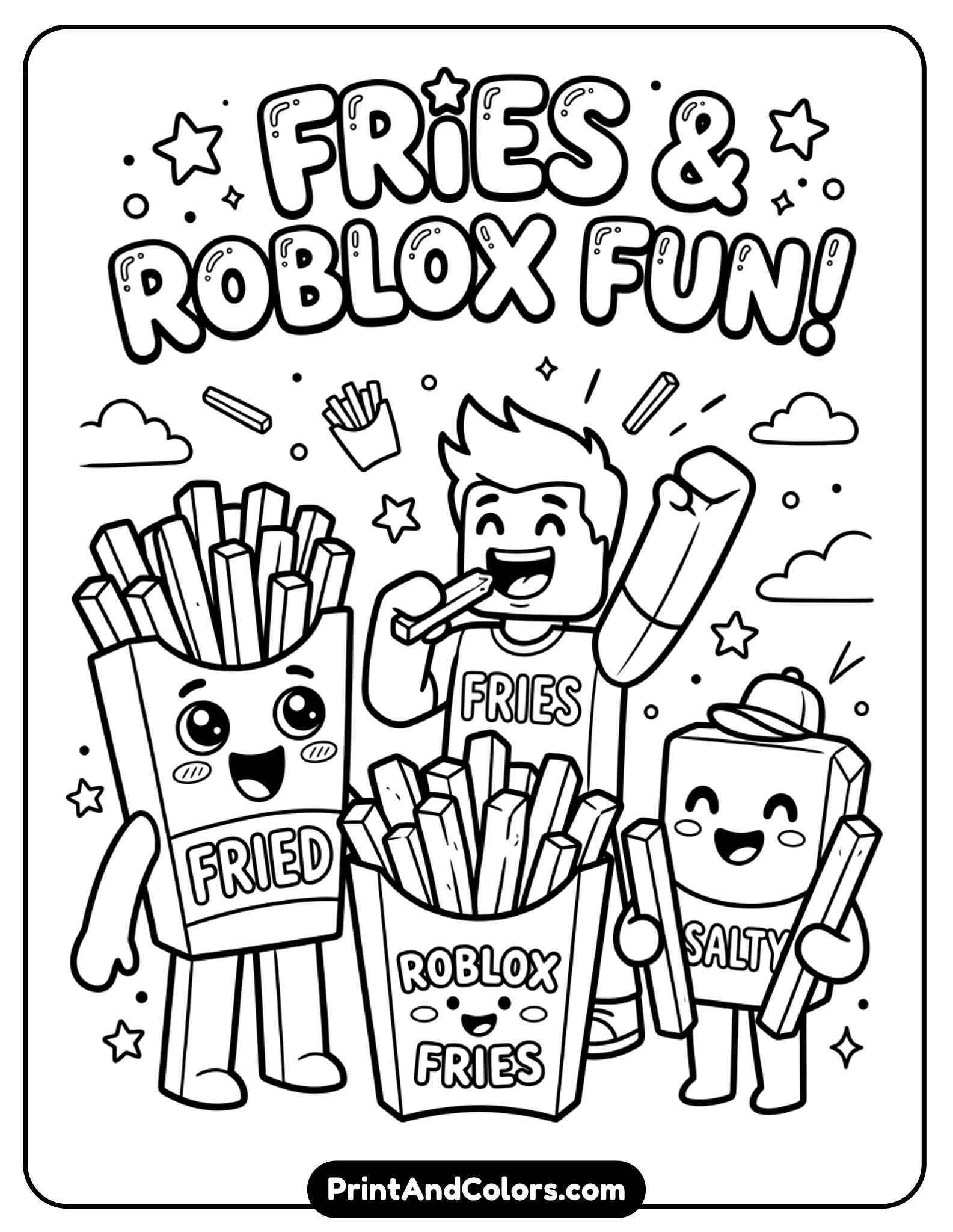 Funny Roblox characters shaped like fries or holding fries, playful expressions, cartoon humor style, clean outlines, minimal background