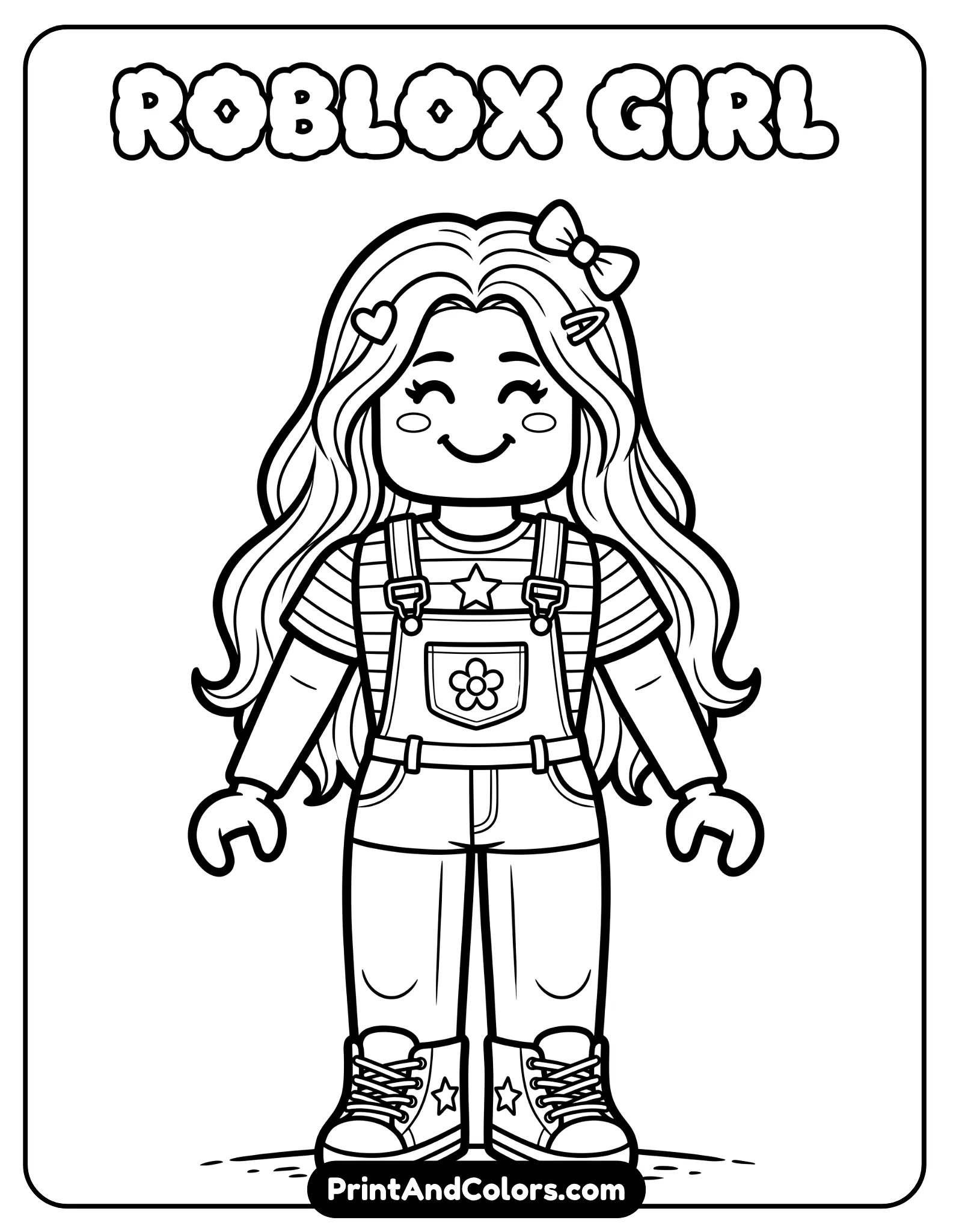 Cute Roblox girl avatar with long hair, smiling face, casual outfit, simple standing pose, minimal background, bold lines for coloring