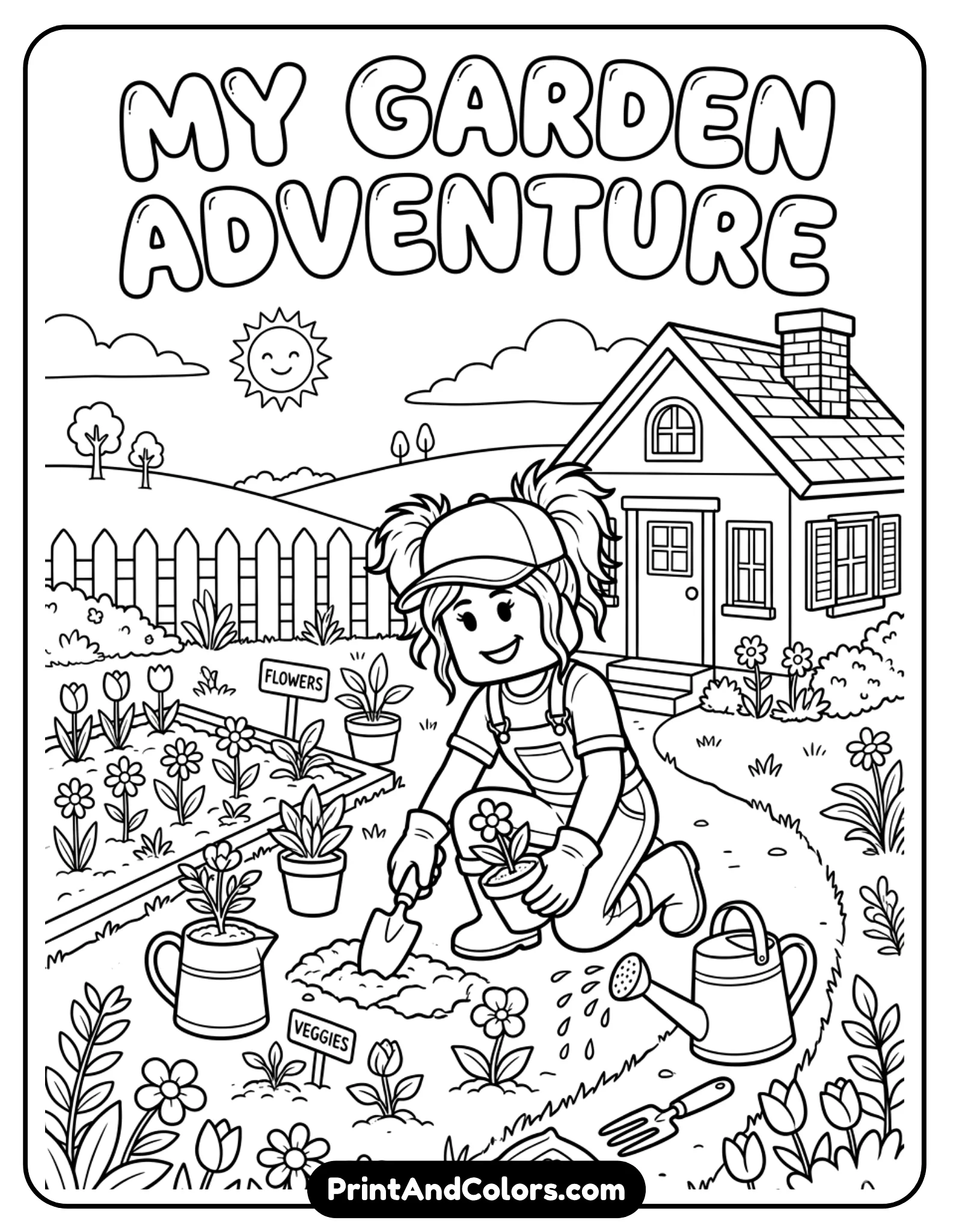Roblox avatar planting flowers near a small house, watering plants, garden tools, simple scenery, clean outlines
