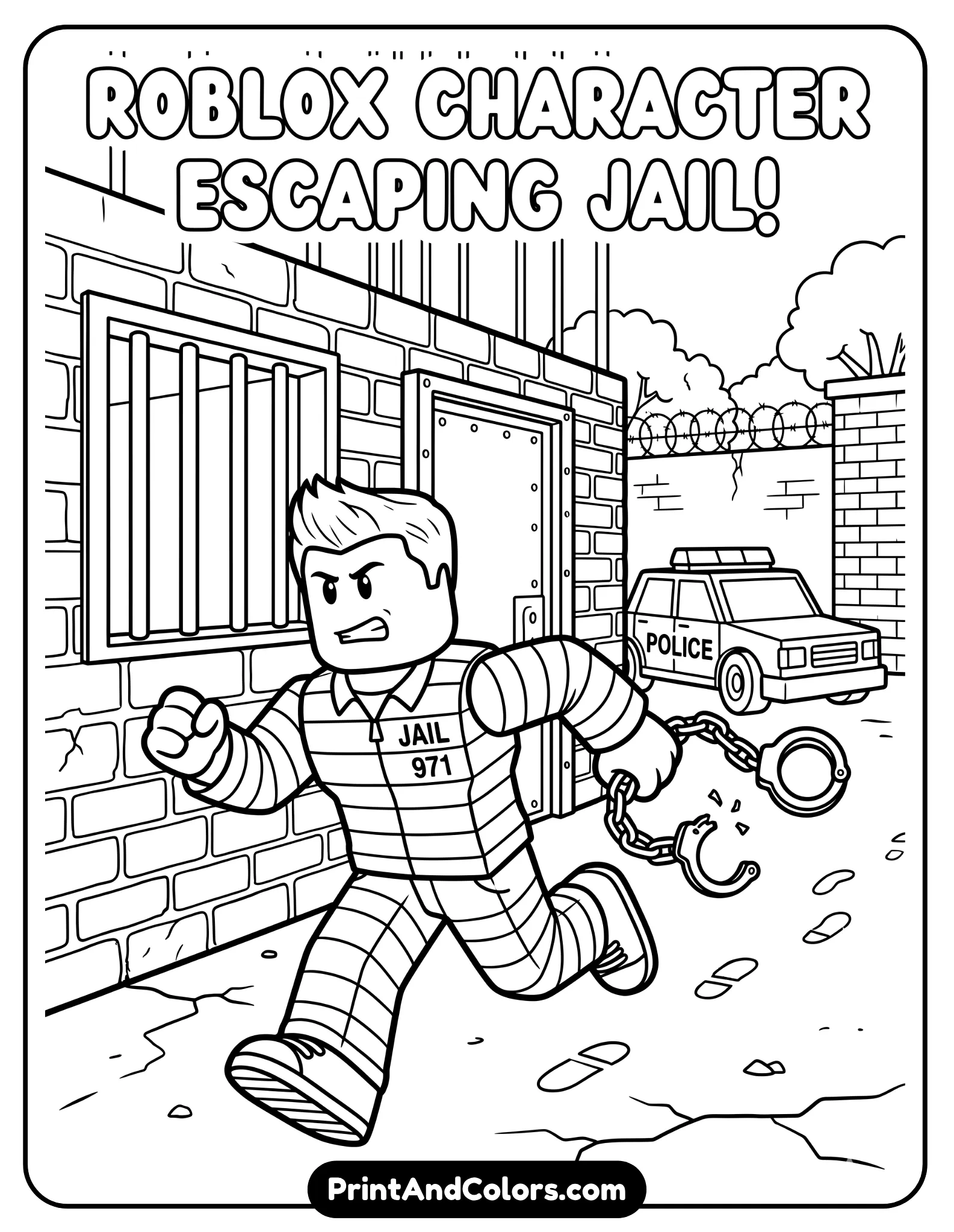 Roblox character escaping jail, running with handcuffs broken, police car in background, simple bars and prison elements, bold clean lines, action pose