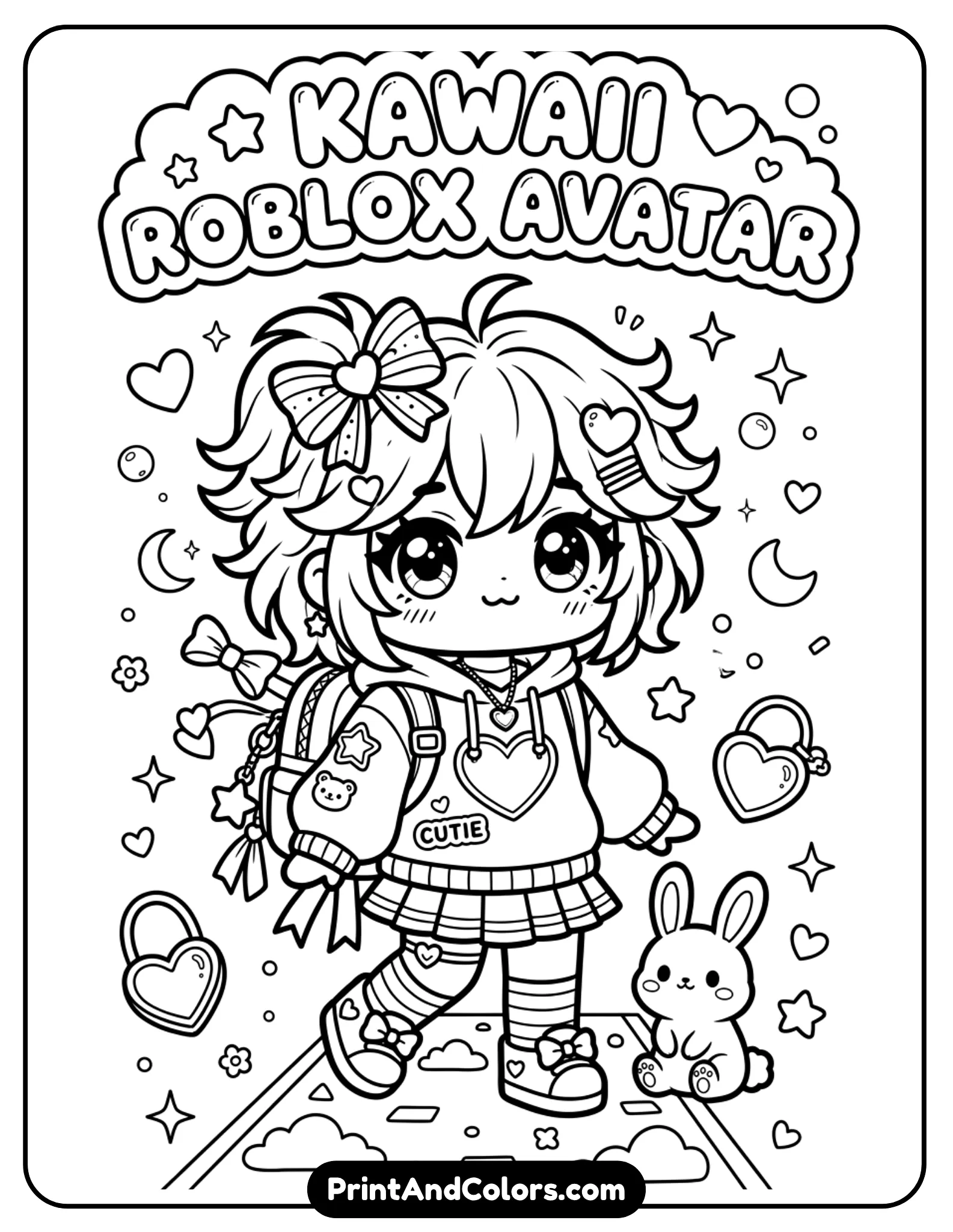 Kawaii-style Roblox avatar with oversized eyes, small body, cute accessories like bows and hearts, clean line art