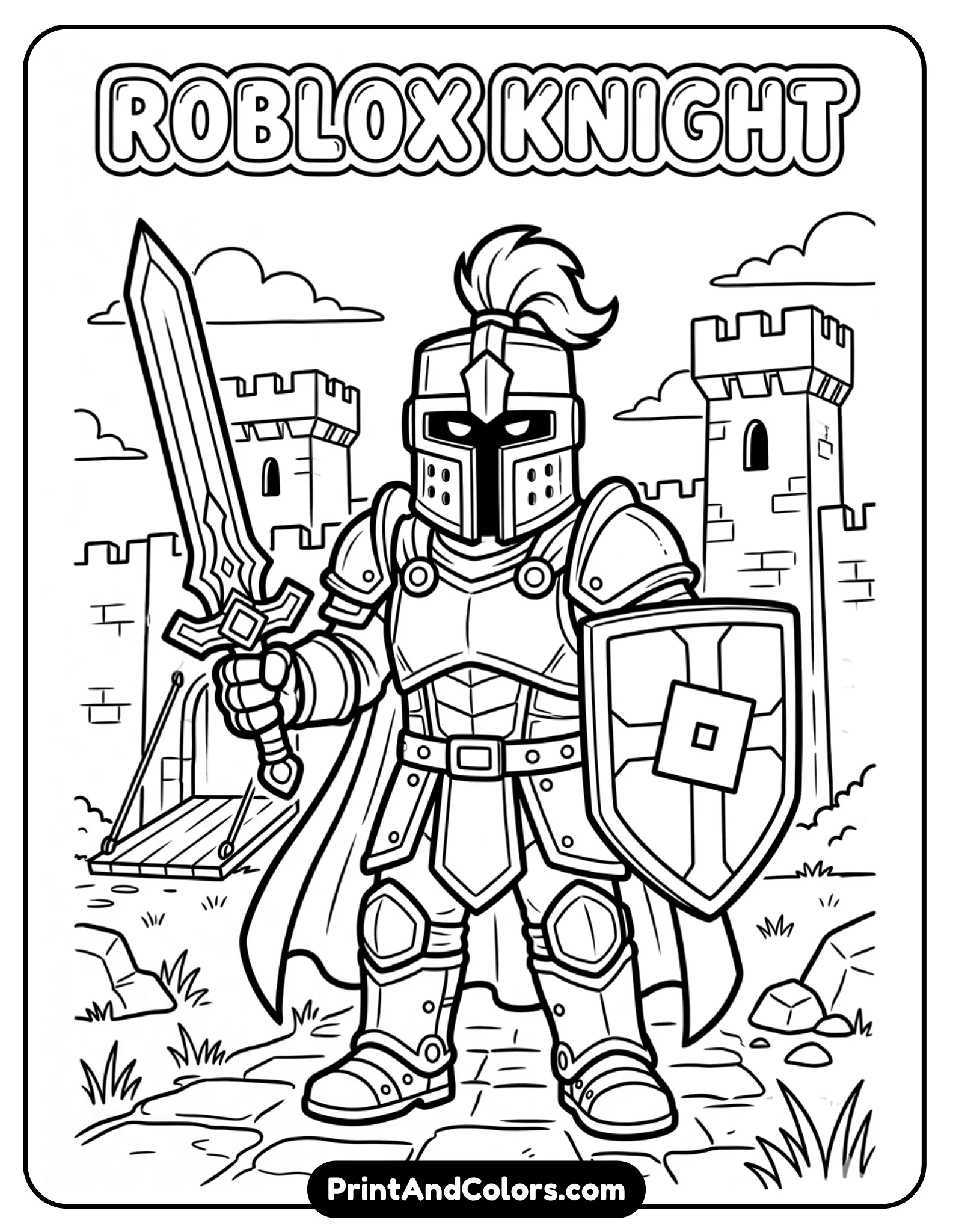 Roblox knight wearing armor and helmet, holding sword and shield, standing heroically, minimal castle background, bold lines