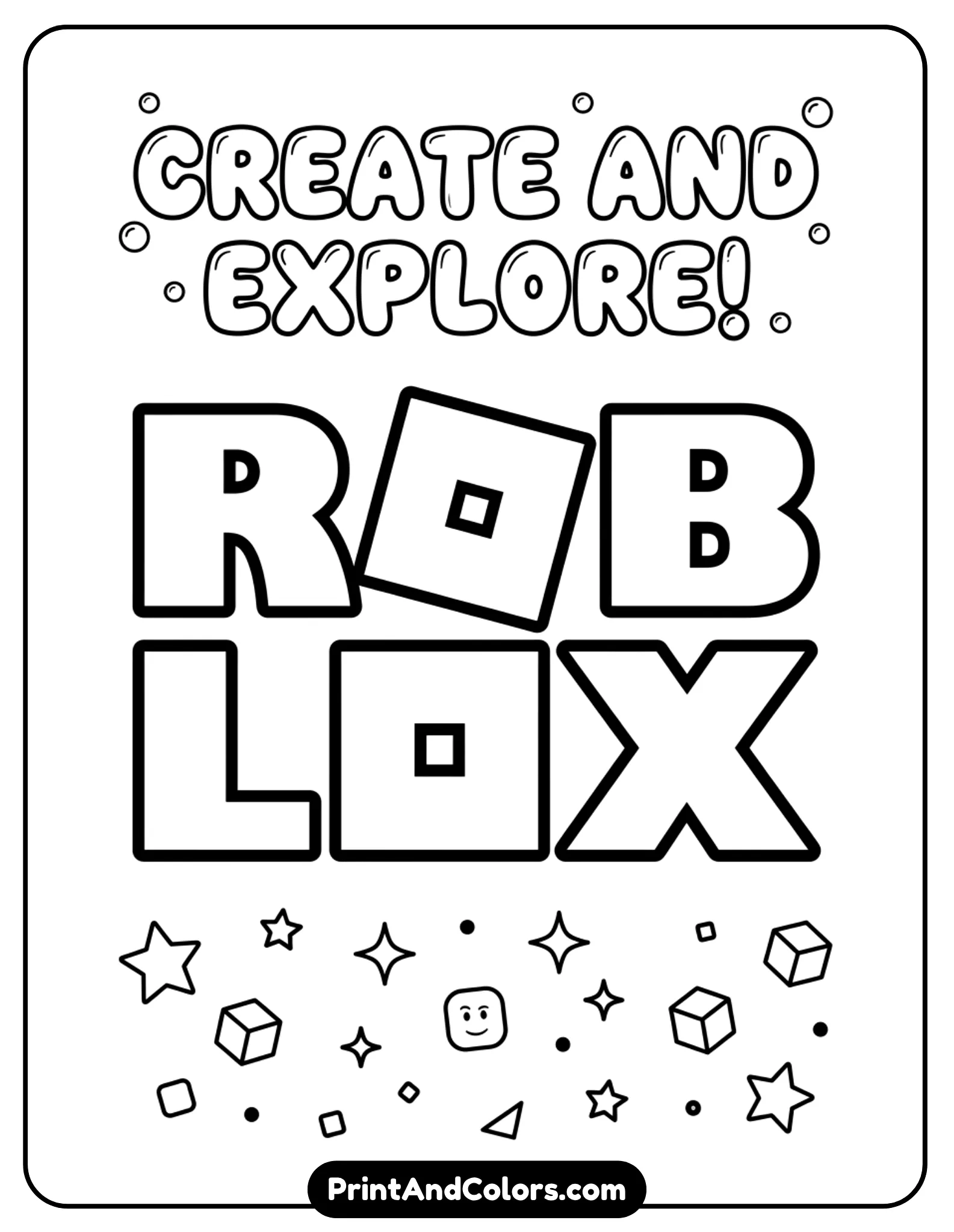 Large Roblox logo centered, thick outline, minimal decorative shapes like stars or cubes around, clean printable style