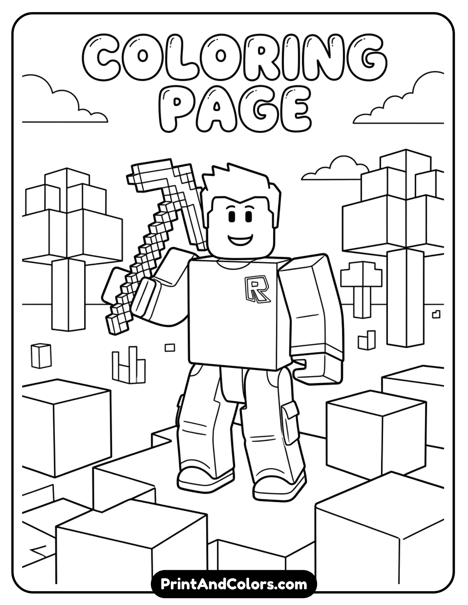 Roblox avatar holding a pickaxe in blocky terrain inspired setting, cube trees and blocks, simple environment, clean line art