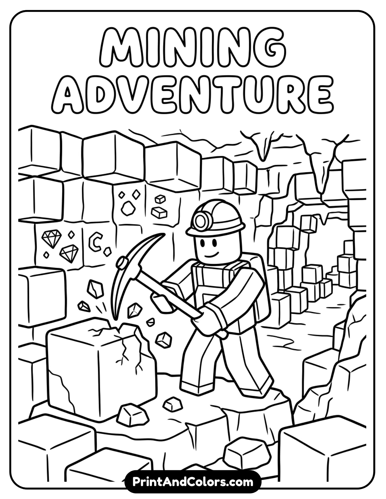 Roblox character underground mining blocks with a pickaxe, simple cave environment, cube rocks, clean outlines, minimal detail