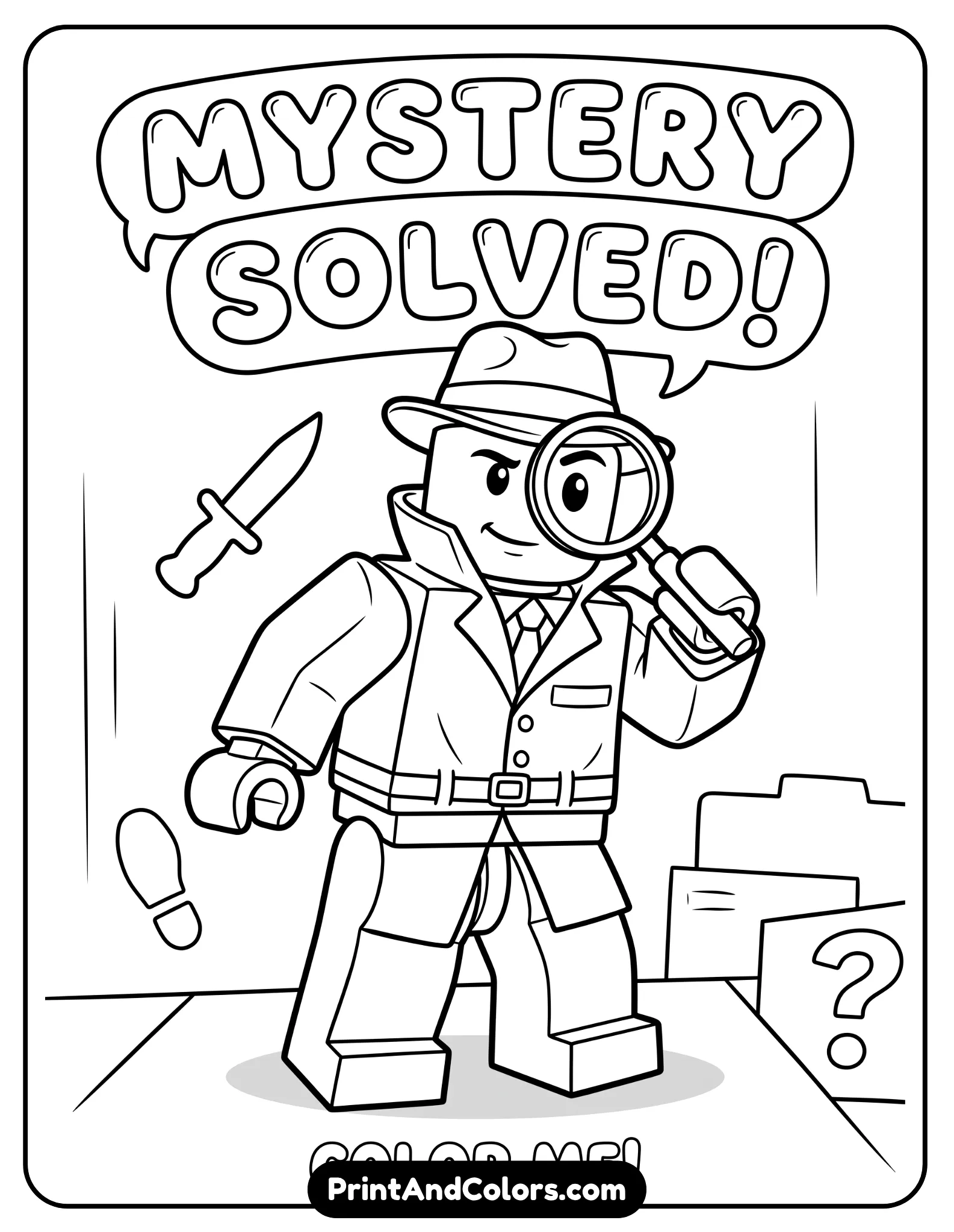 Roblox detective character holding magnifying glass, mysterious pose, simple knife silhouette in background, clean outlines, minimal shading, kid-friendly mystery theme