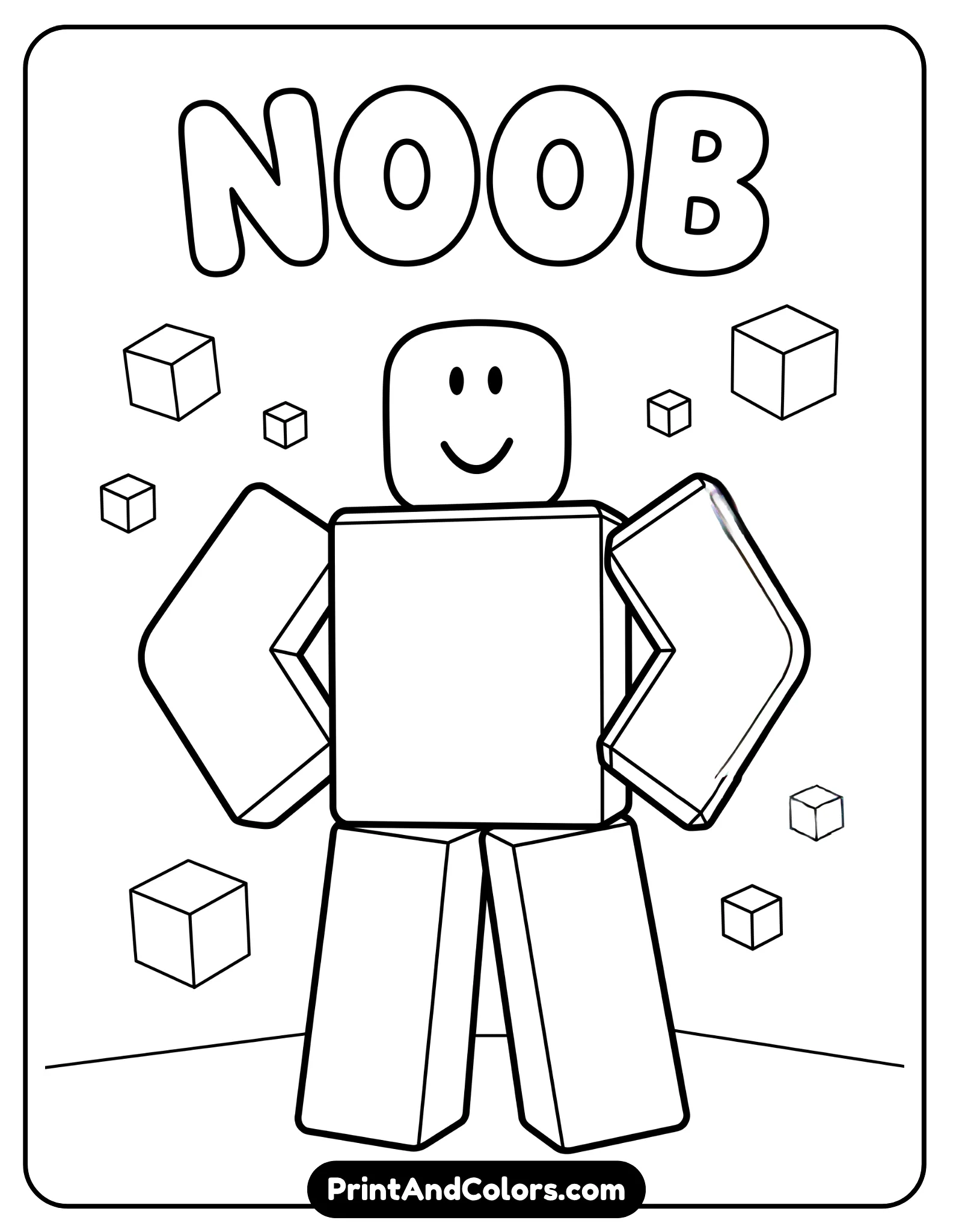 simple Roblox noob character standing confidently, blocky body proportions, classic yellow head with a smiling face, blue torso, green legs, arms slightly out, clean bold outlines, minimal background with a few floating cubes, kid-friendly style, black and white line art, no shading, wide spacing for easy coloring, printable coloring page
