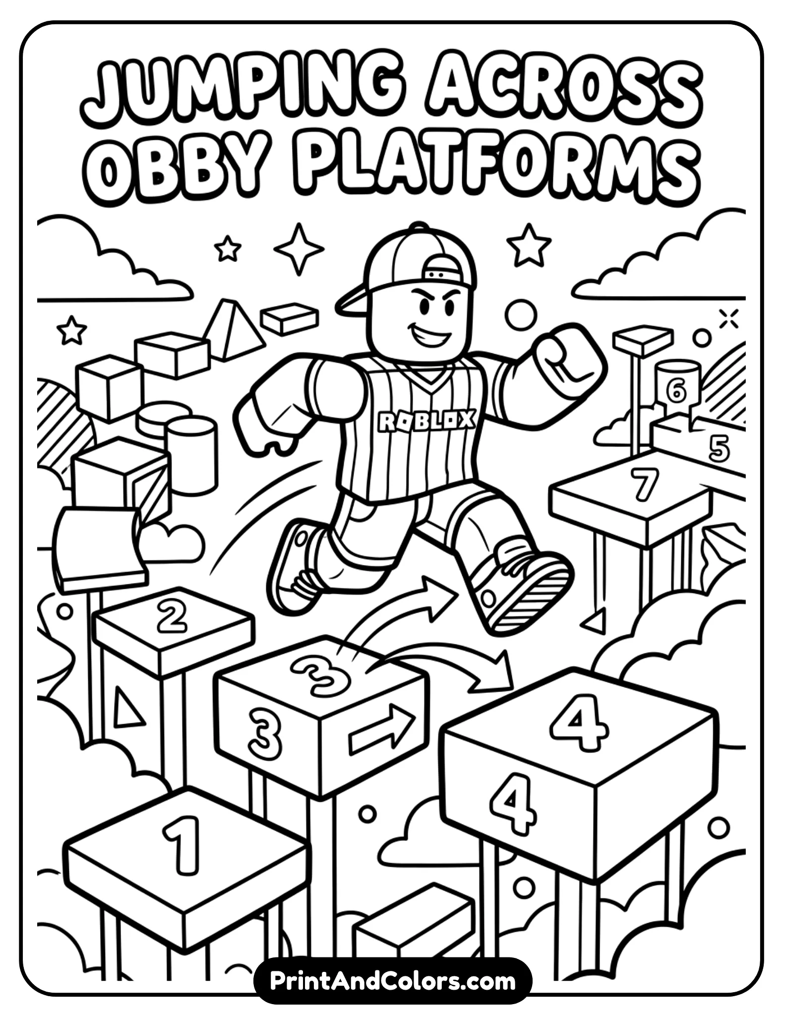 Roblox avatar jumping across obstacle course platforms, simple blocks floating, action pose, bold outlines, no shading