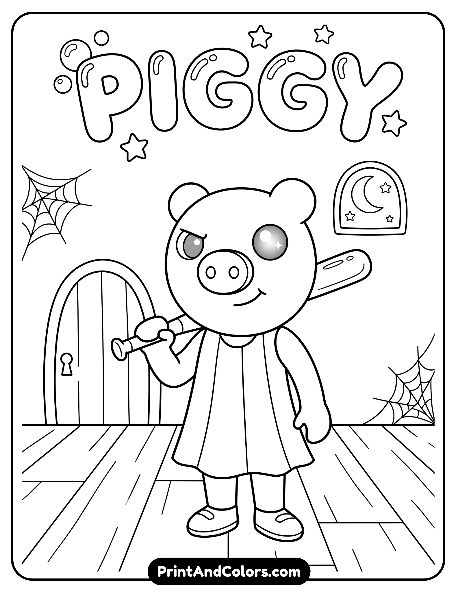 Piggy character from Roblox holding a bat, round head, pig snout, one glowing eye, simple dress outfit, standing in a slightly spooky pose, clean outlines, no heavy shadows, minimal eerie background elements like a door and floor lines, kid-safe style