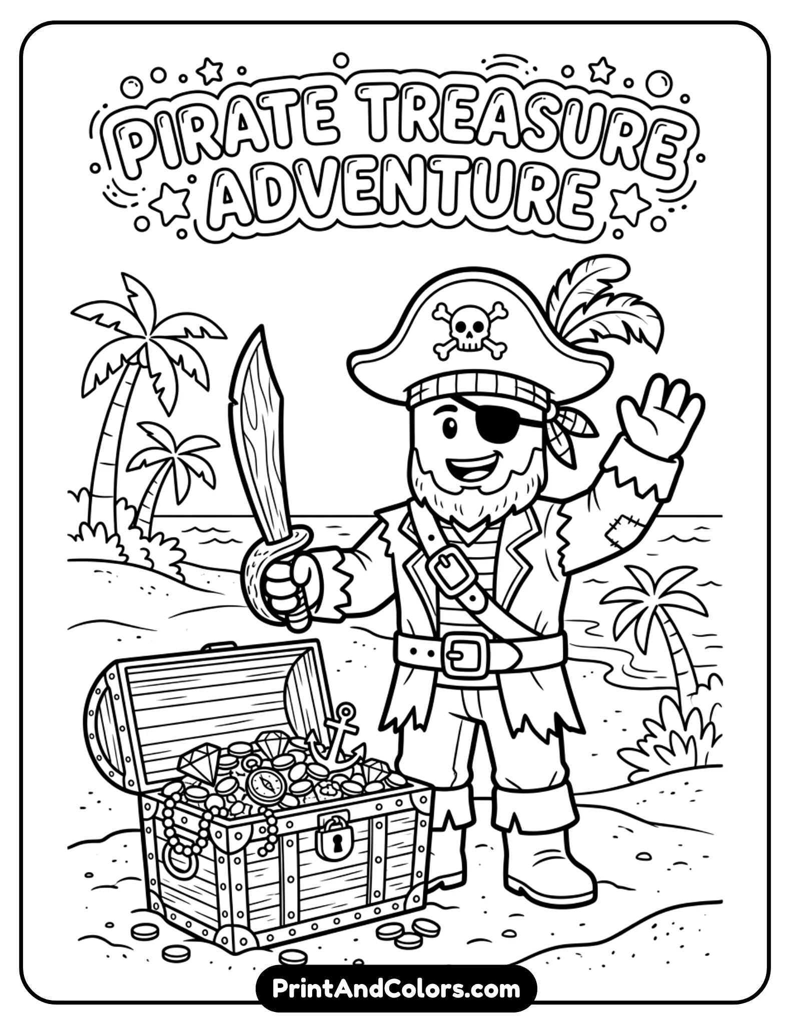 Roblox pirate character wearing hat and eyepatch, standing next to treasure chest filled with coins, simple island background, bold outlines