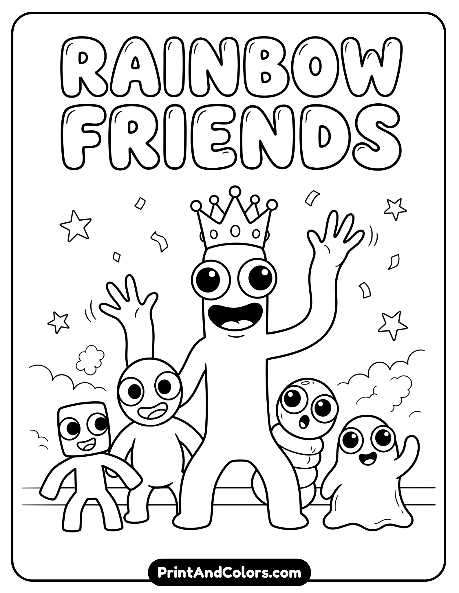 Group of Rainbow Friends characters in playful poses, including tall blue creature with crown and big eyes, simple exaggerated features, clean line art, spaced composition, no shading, kid-friendly horror style, minimal background