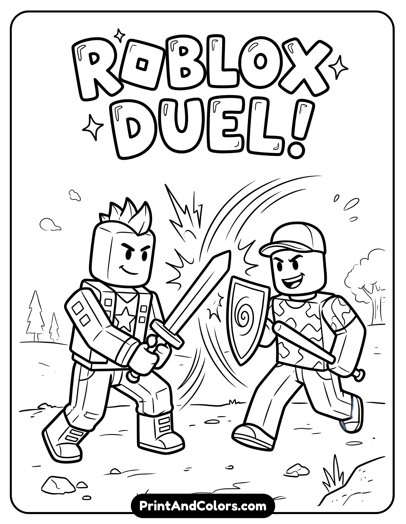 Two Roblox characters facing off in a playful duel stance, action lines between them, simple expressions, bold outlines, minimal background