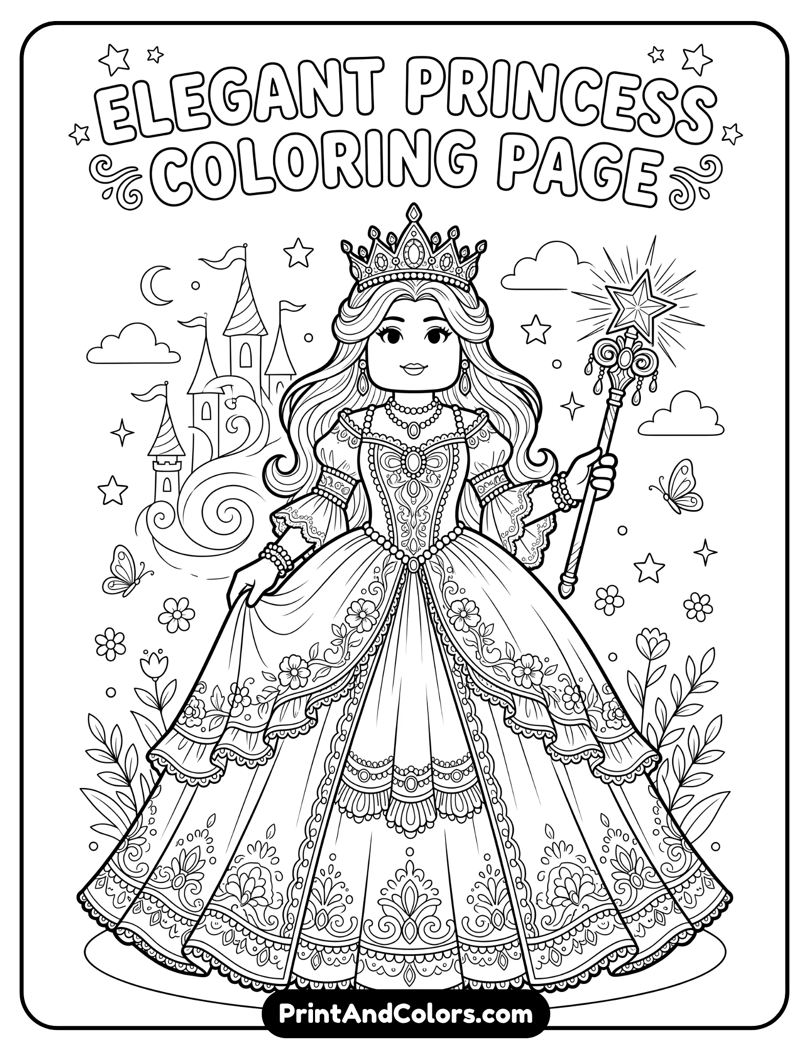 Elegant Roblox avatar in princess outfit, long gown, crown, holding a wand, soft decorative elements, clean outlines, fantasy theme, coloring page style