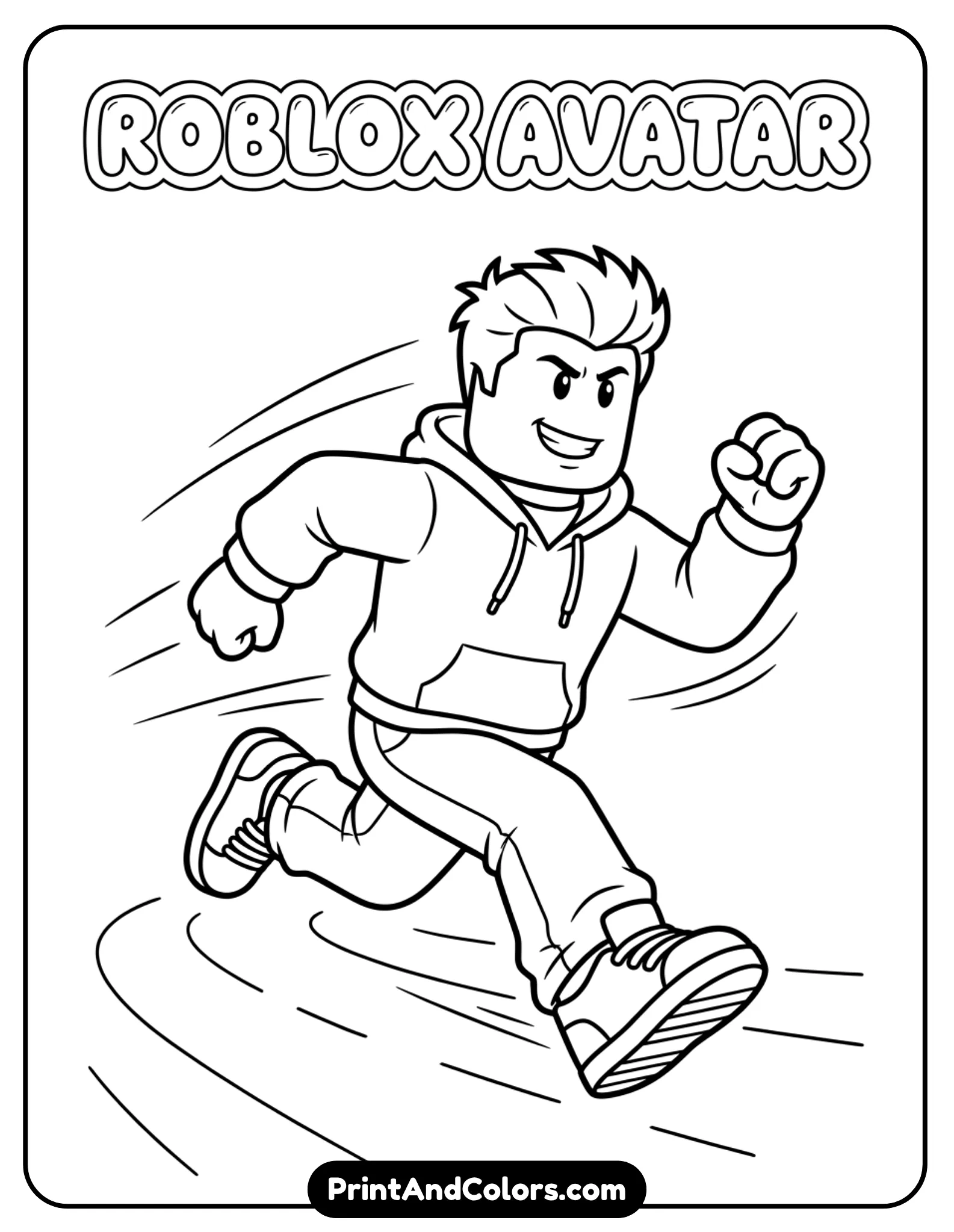 Roblox avatar running forward with motion lines, energetic pose, simple track or ground lines, clean bold outlines
