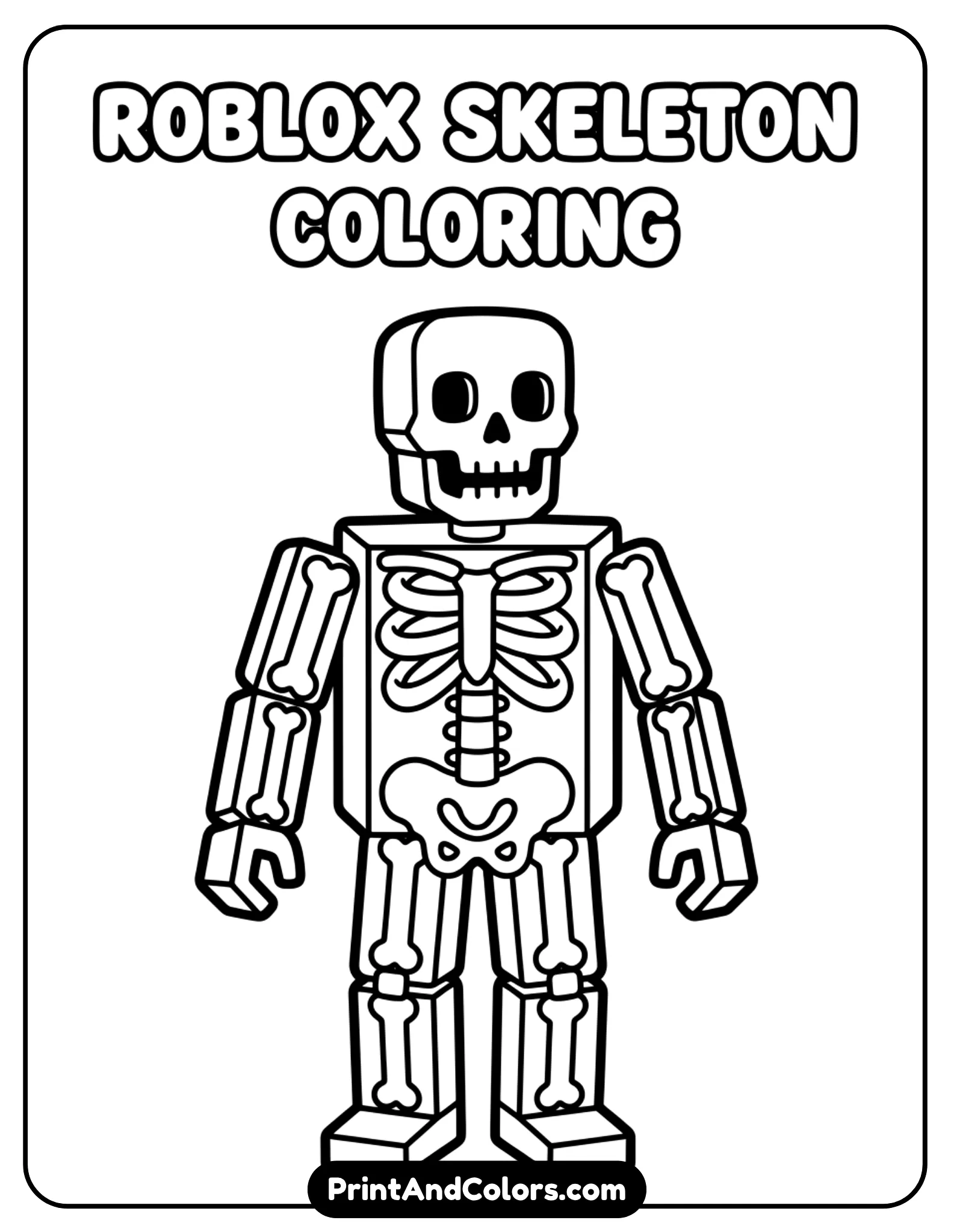 Roblox skeleton character with visible bones in blocky form, simple pose, minimal spooky elements, bold outlines