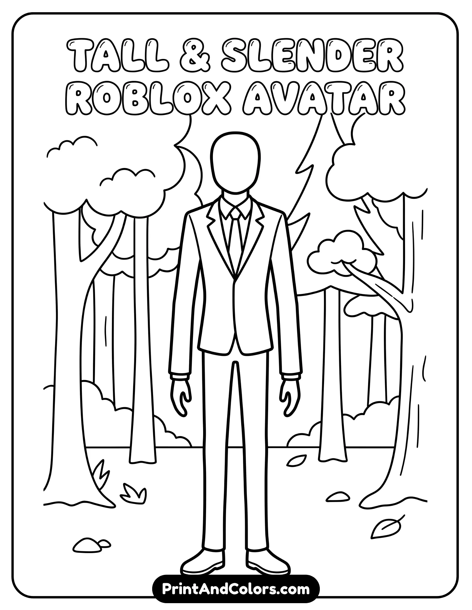 Tall slender Roblox avatar with long limbs, faceless head, wearing dark suit, standing in forest with simple tree outlines, minimal detail, bold line art, clean spacing for coloring
