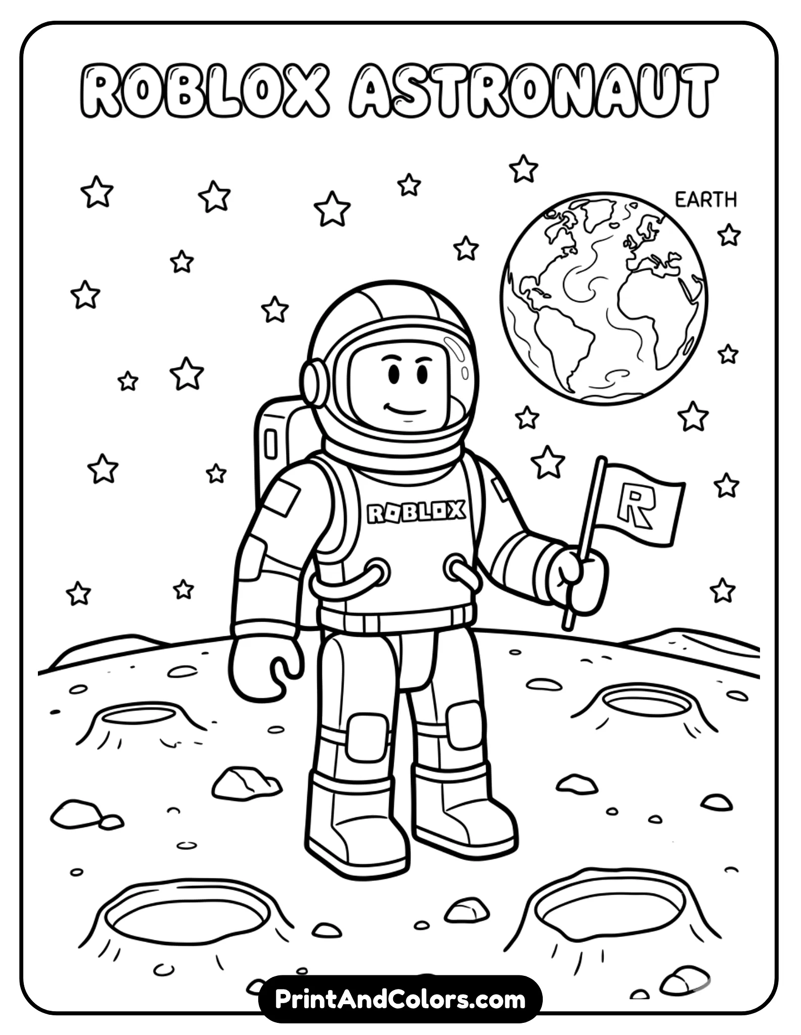 Roblox astronaut wearing space suit, standing on the moon, stars and Earth in background, simple craters, bold outlines