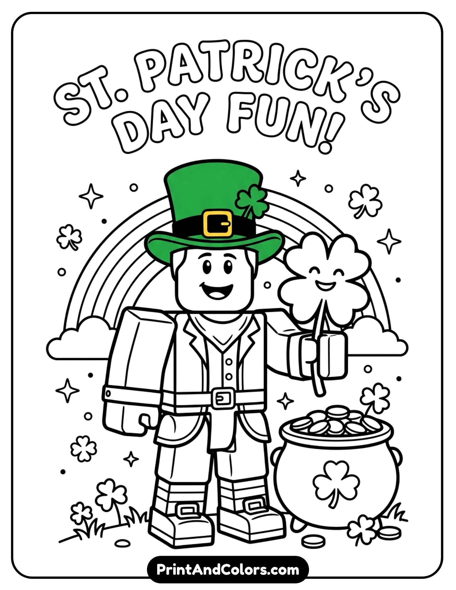 Roblox character wearing leprechaun hat, holding clover, simple rainbow and pot of gold, festive design, clean outlines