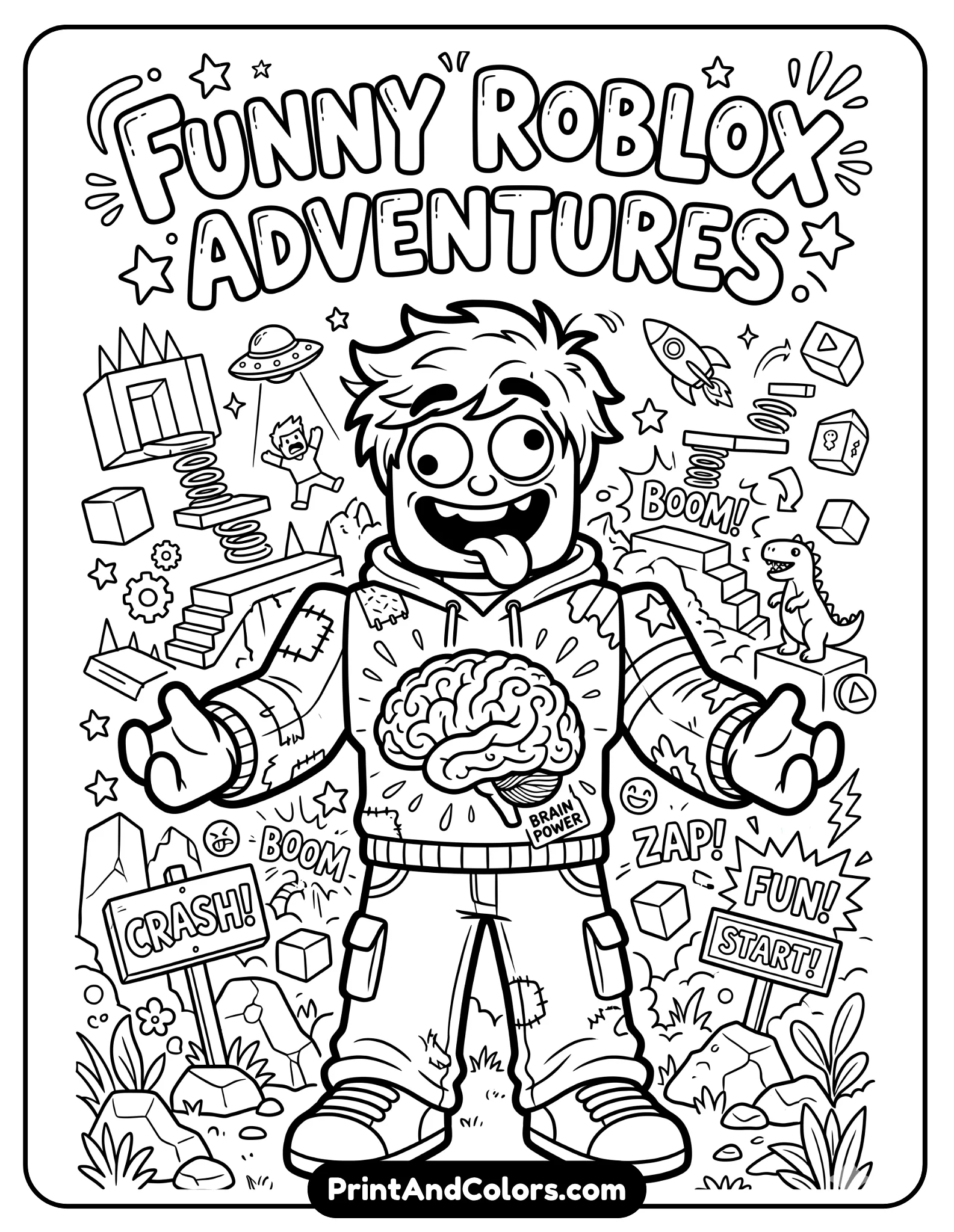 Funny Roblox character with exaggerated silly expression, holding a glowing brain object, playful chaotic background elements, bold outlines, cartoon style