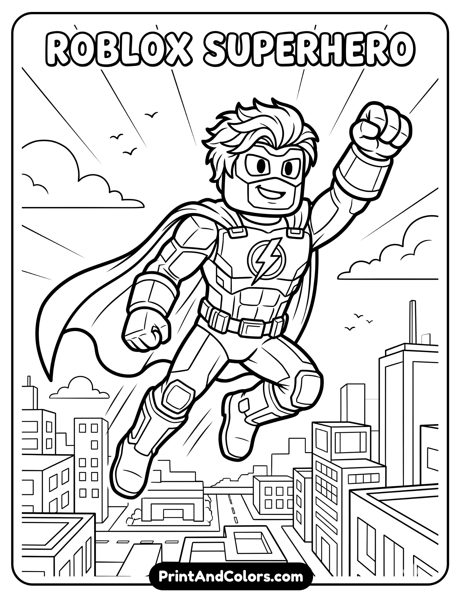 Roblox superhero character flying or standing heroically, cape flowing, mask, strong pose, clean outlines, minimal city background