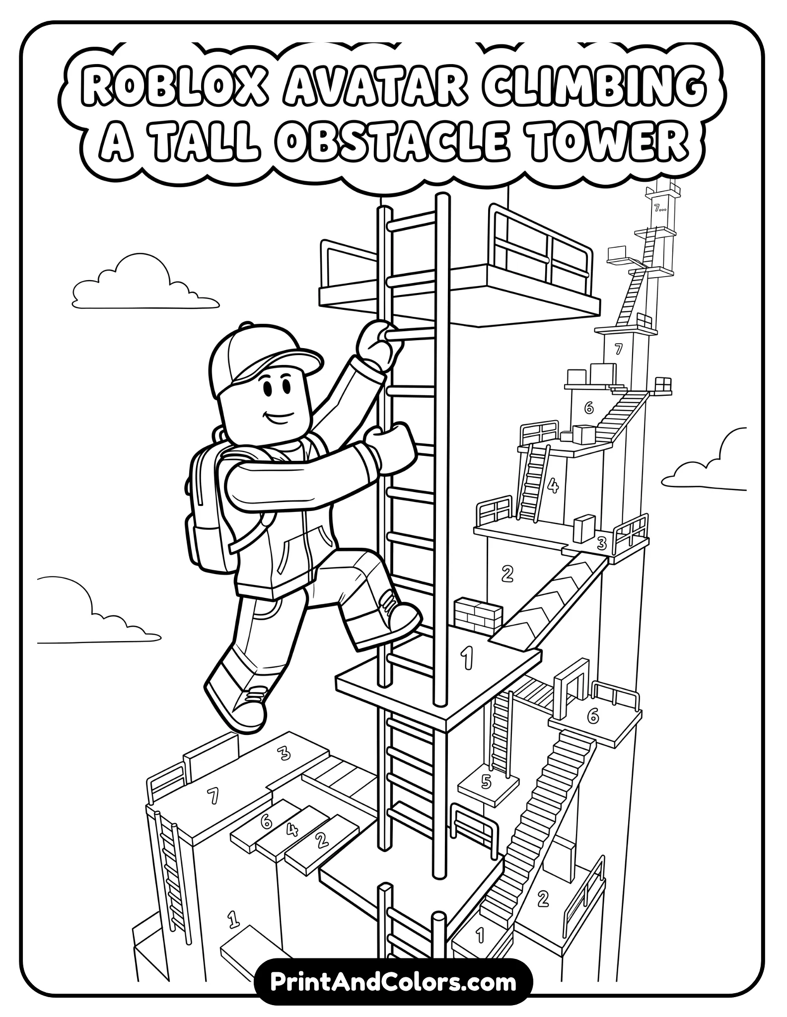 Roblox avatar climbing a tall obstacle tower, simple platforms and ladders, dynamic upward pose, clean line art, minimal background, no shading