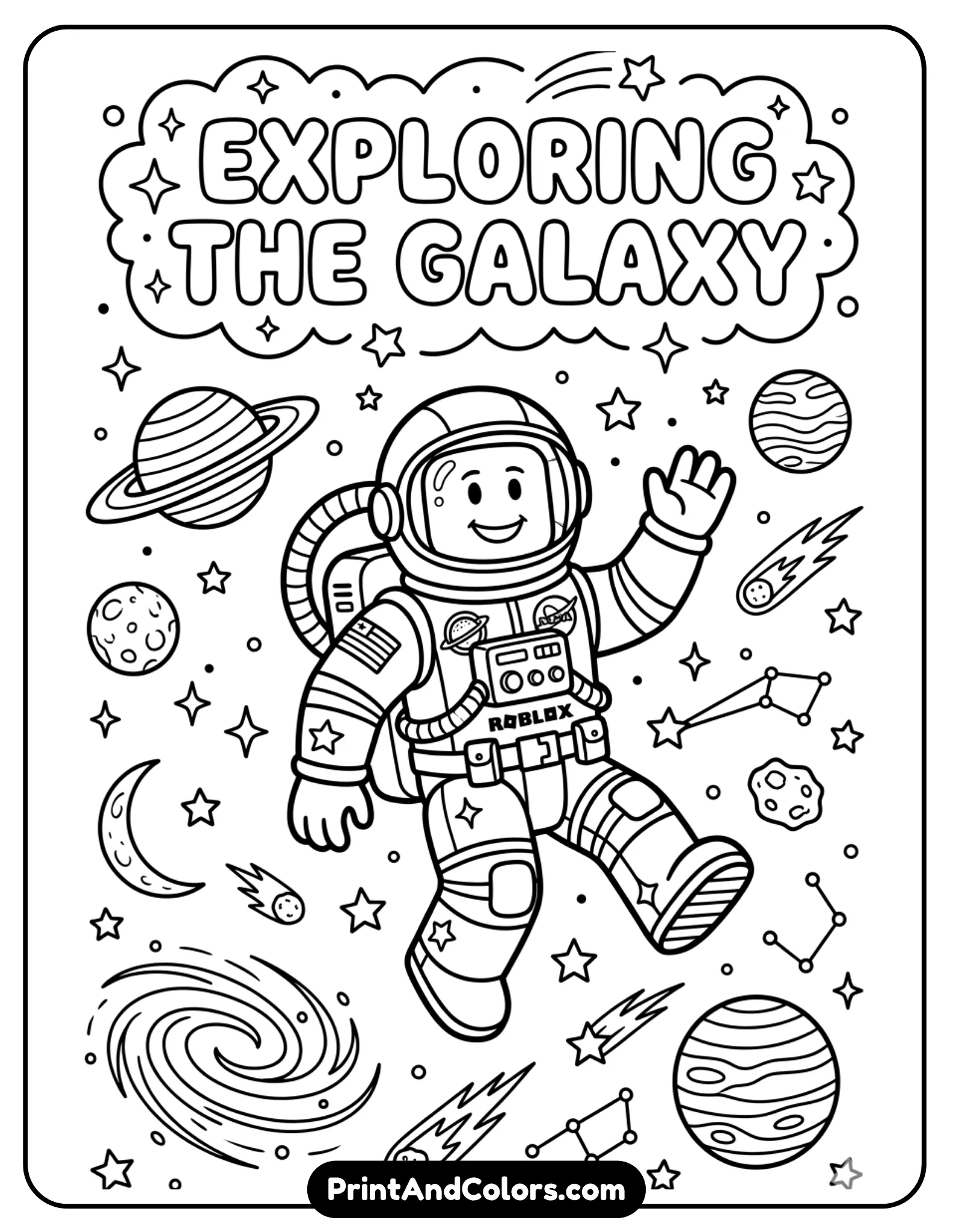Roblox character floating in space, planets, stars, simple galaxy elements, clean bold outlines, no shading